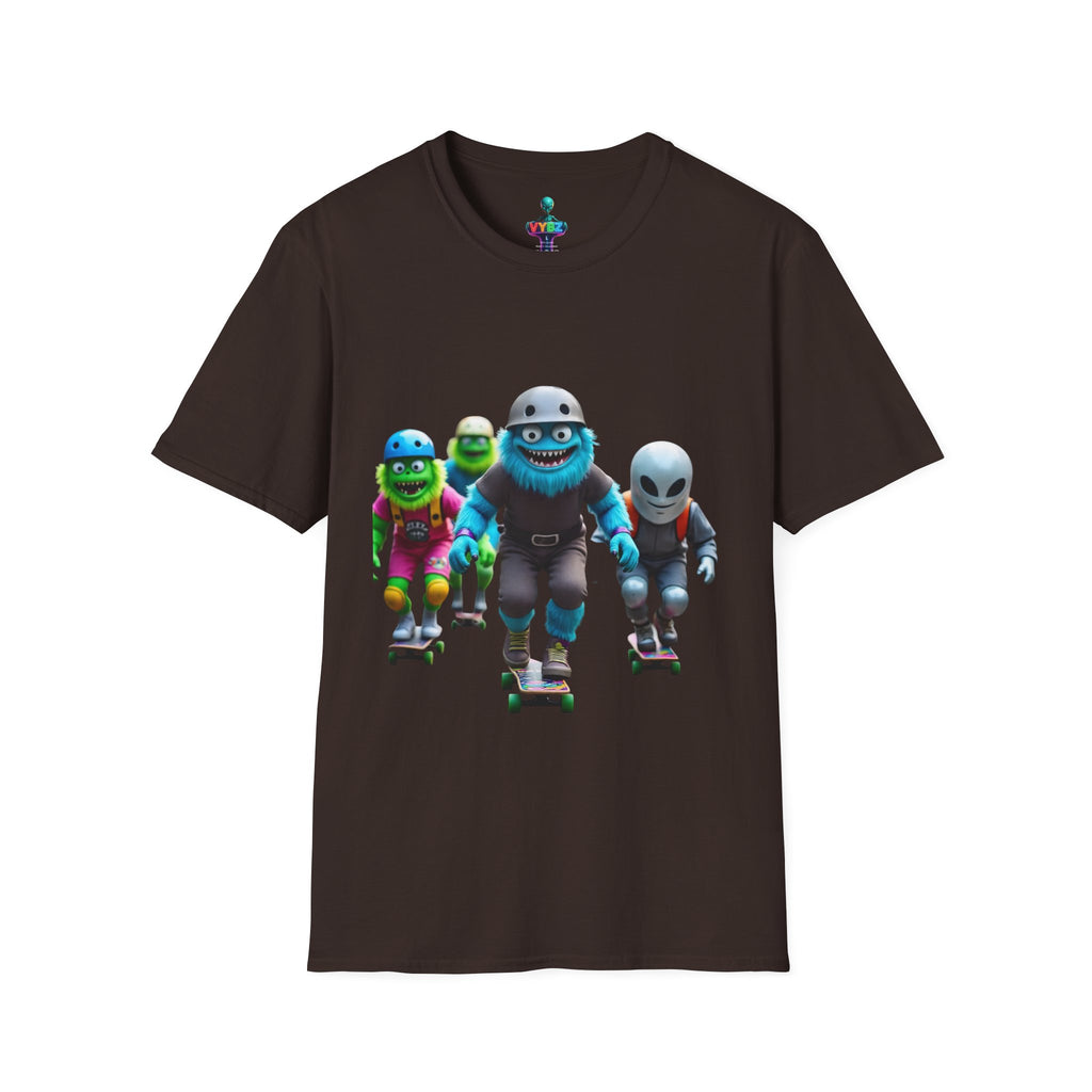 VYBZ Playful Cartoon Retro Skater T-Shirt, Fun Streetwear, Unisex Tee for Kids and Adults, Summer Outfits, Gift for Skateboarding Enthusiasts