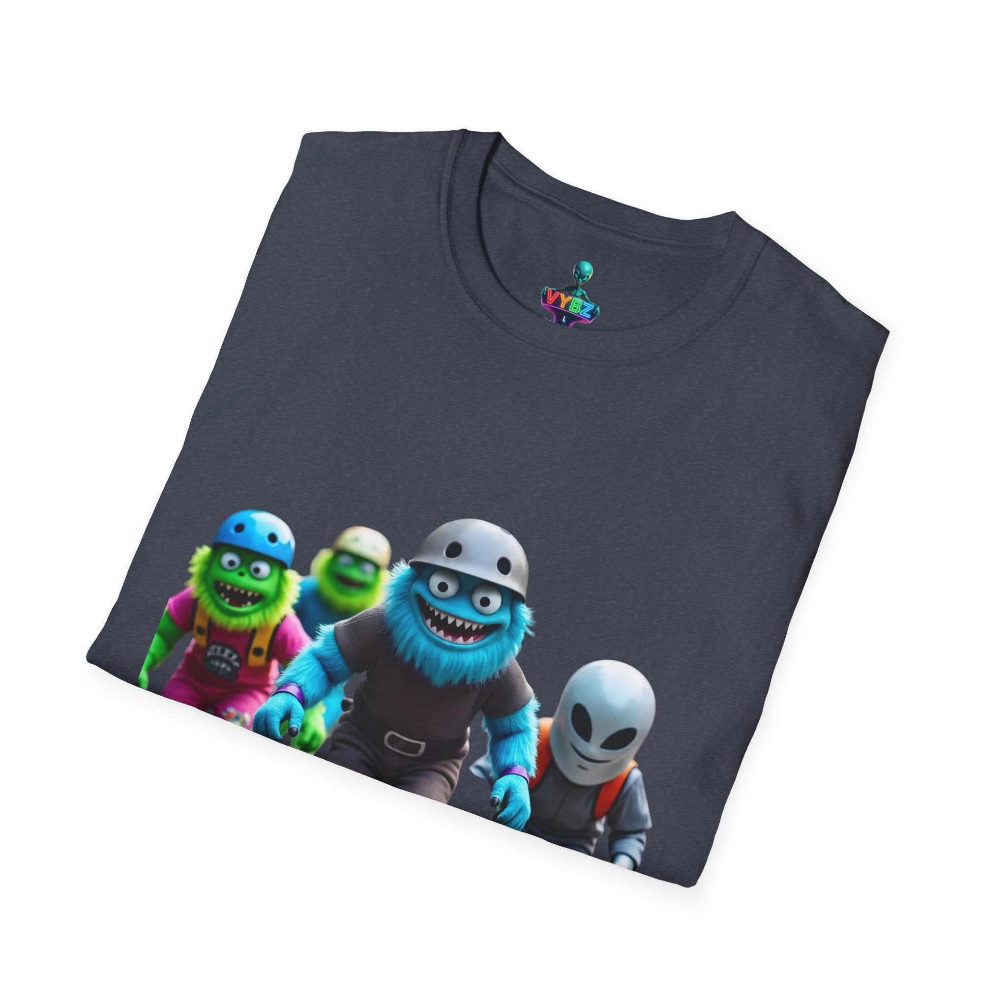 VYBZ Playful Cartoon Retro Skater T-Shirt, Fun Streetwear, Unisex Tee for Kids and Adults, Summer Outfits, Gift for Skateboarding Enthusiasts