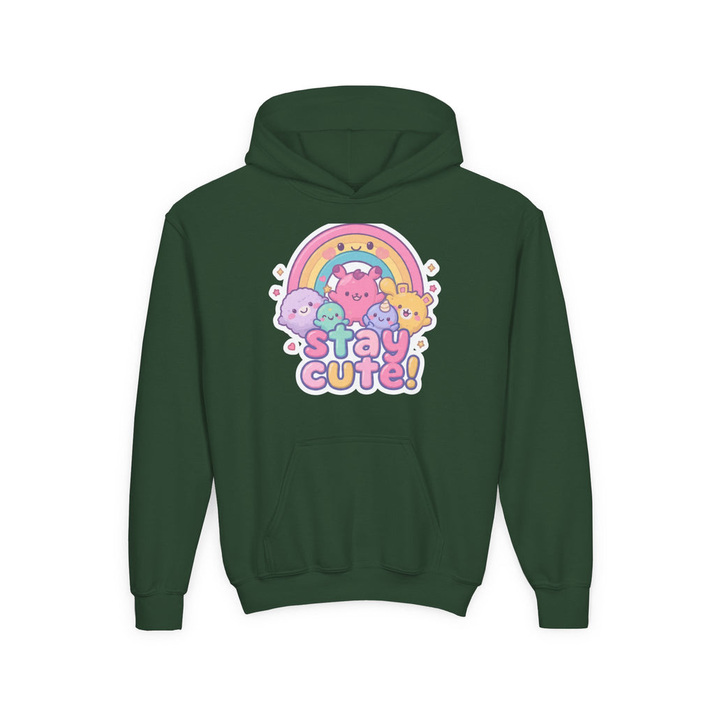 Youth Hoodie — 'Stay Cute!' Pastel Rainbow Kawaii Graphic