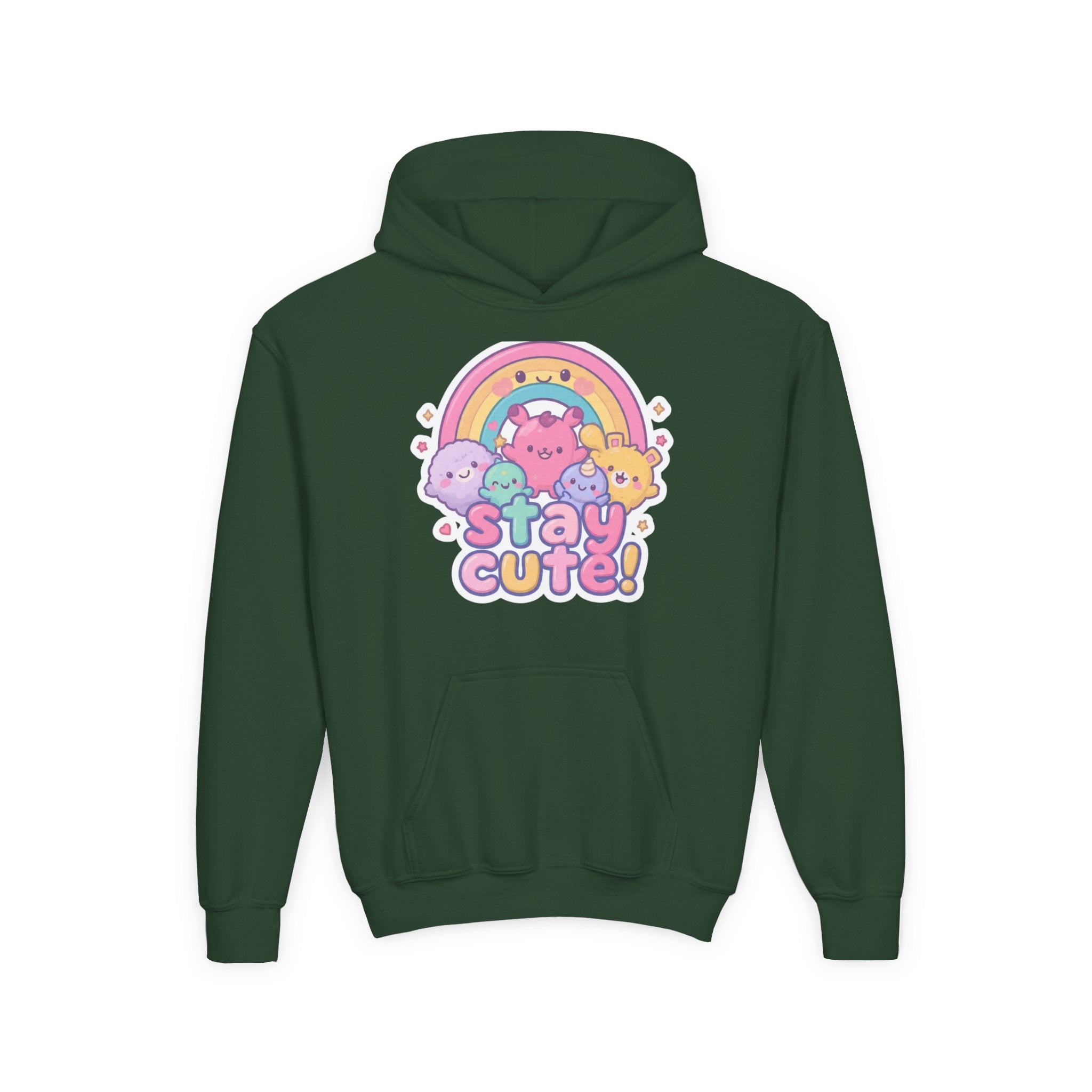 Youth Hoodie — 'Stay Cute!' Pastel Rainbow Kawaii Graphic
