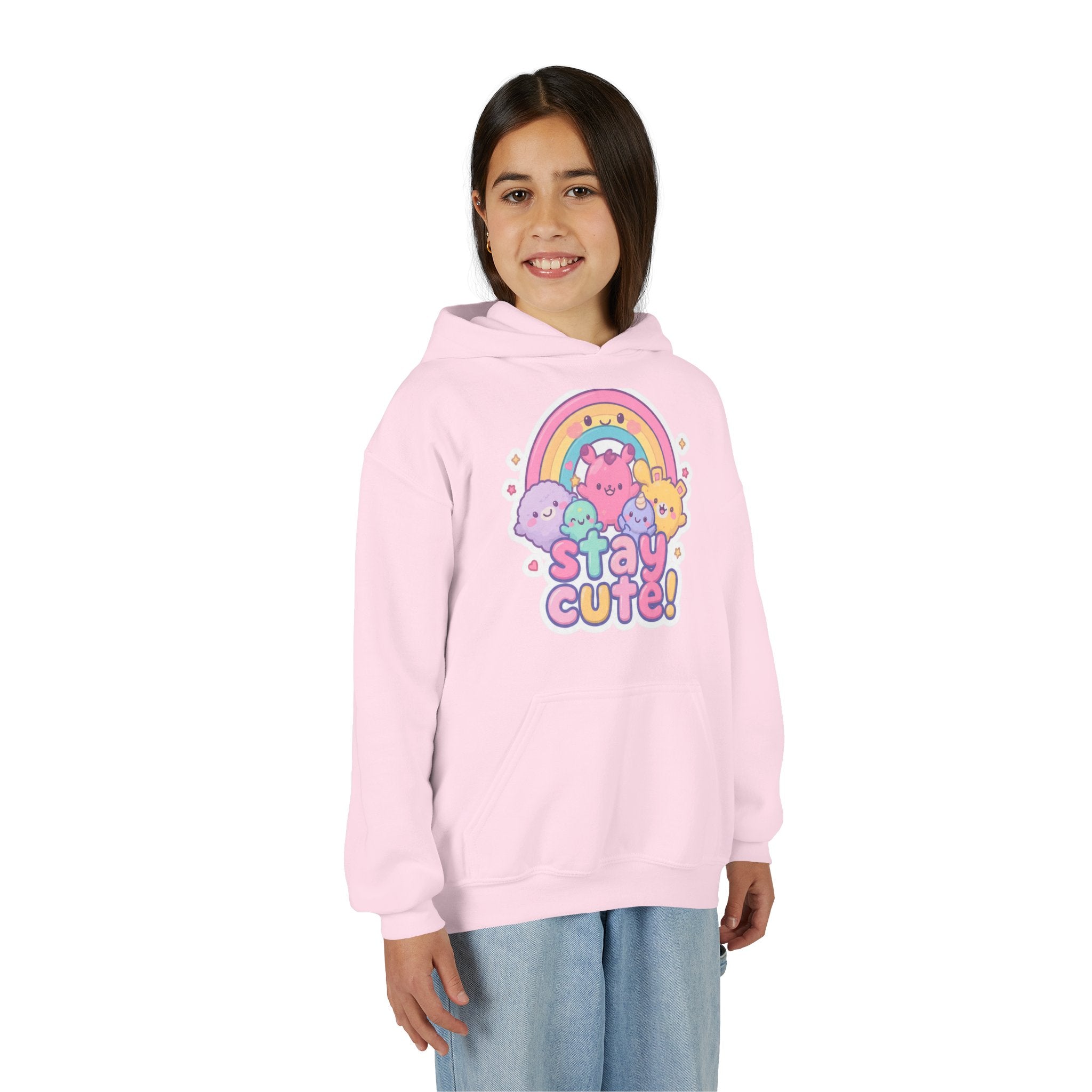 Youth Hoodie — 'Stay Cute!' Pastel Rainbow Kawaii Graphic