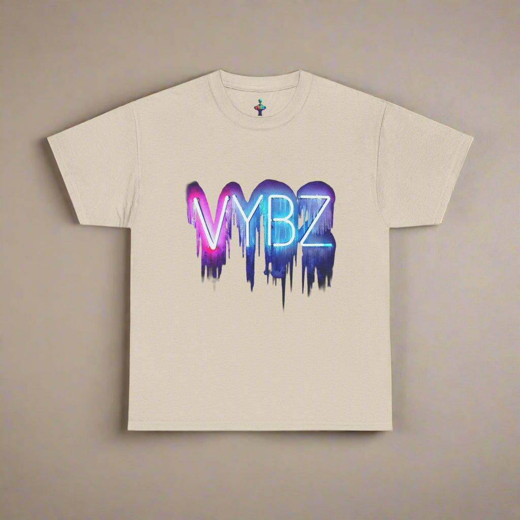 Beige t-shirt with colorful 'VYBZ' graphic design on a white background