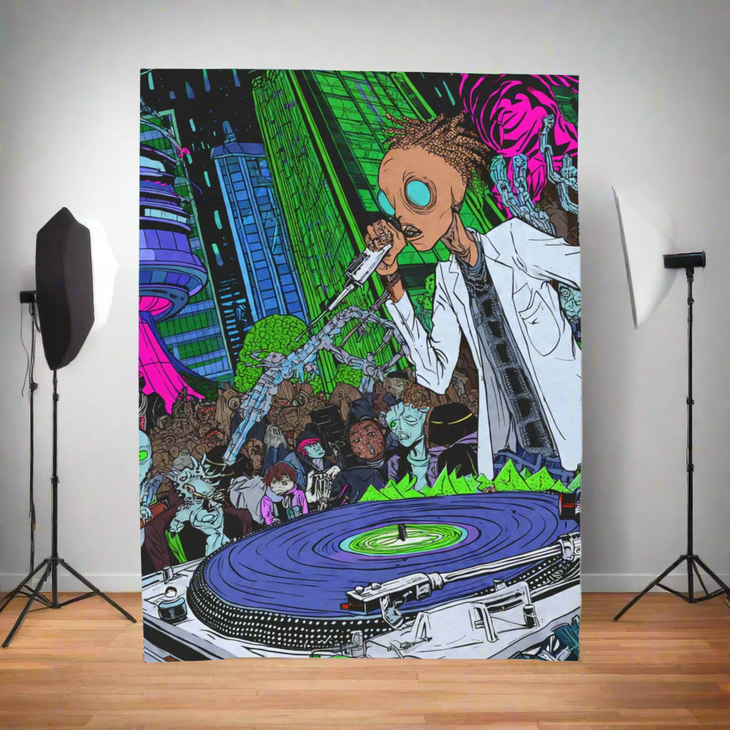 Urban Alien DJ Nightlife Velveteen Blanket | Cozy Home Decor, Music Lover Gift, Festival Vibes, Lounge Essential, Unique Wall Art