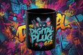 Black mug with colorful 'The Digital Plug 612' design on a white background