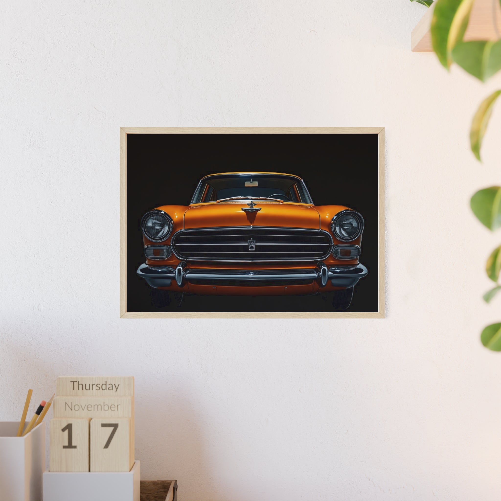 Classic Car Art Poster with Wooden Frame, Vintage Auto Decor, Gift for Car Lovers, Retro Wall Art, Home & Office Decoration