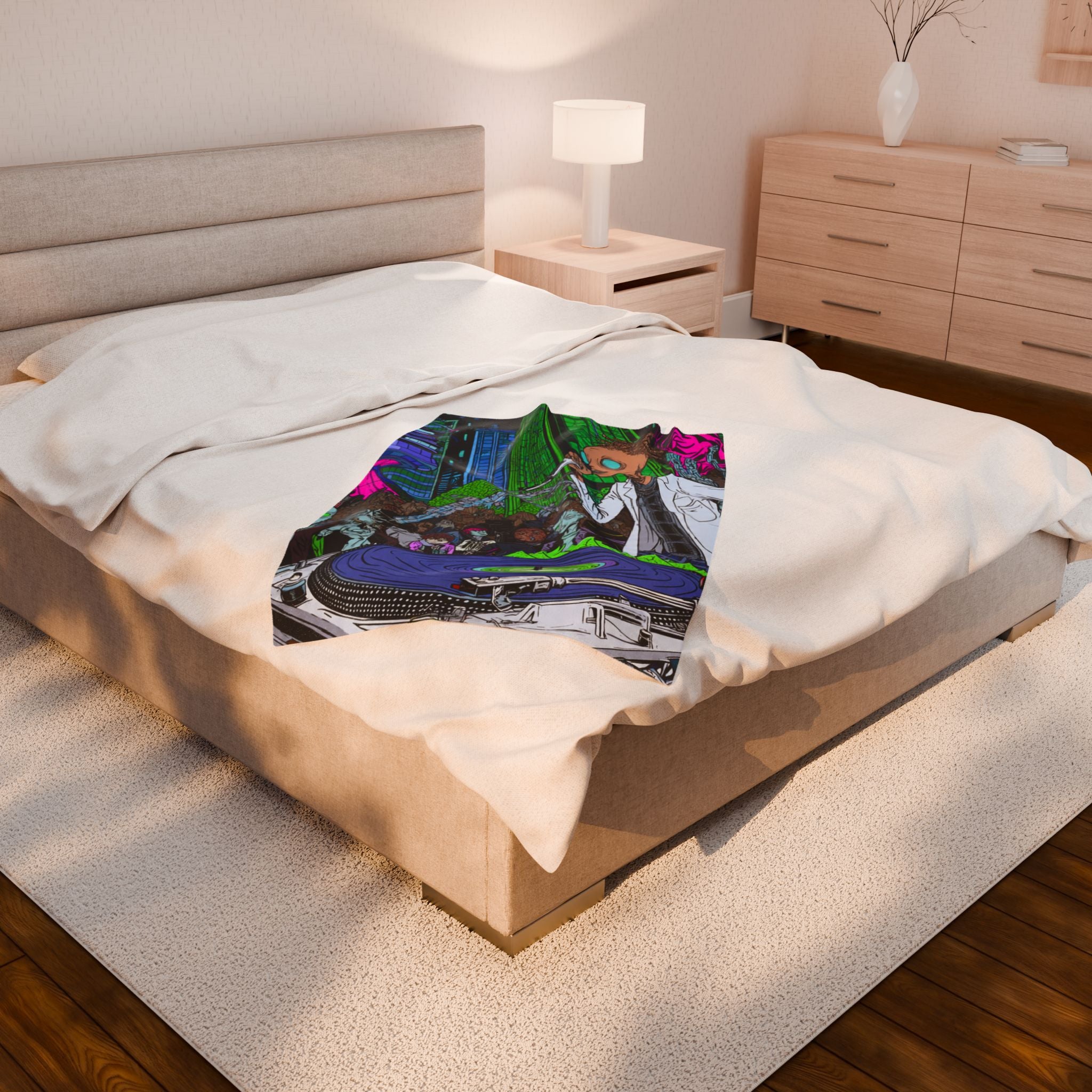 Urban Alien DJ Nightlife Velveteen Blanket | Cozy Home Decor, Music Lover Gift, Festival Vibes, Lounge Essential, Unique Wall Art