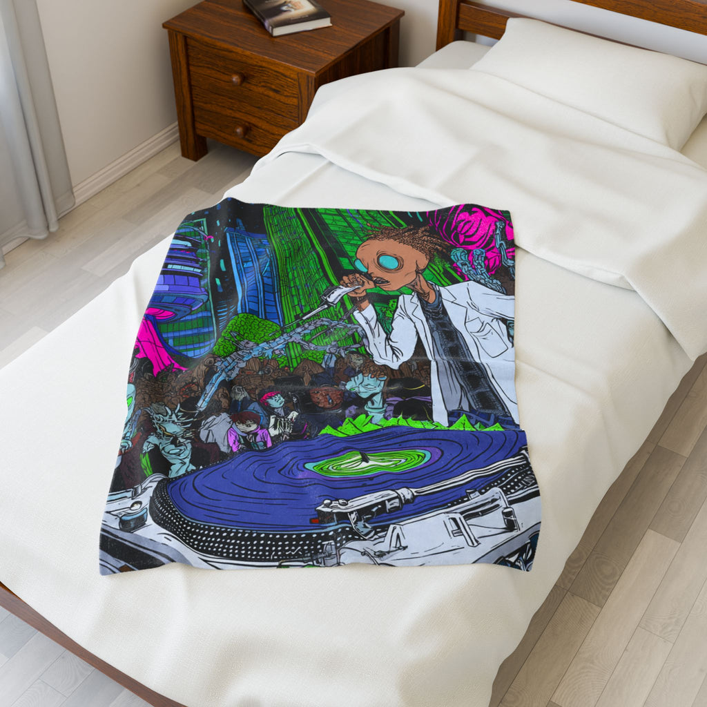Urban Alien DJ Nightlife Velveteen Blanket | Cozy Home Decor, Music Lover Gift, Festival Vibes, Lounge Essential, Unique Wall Art