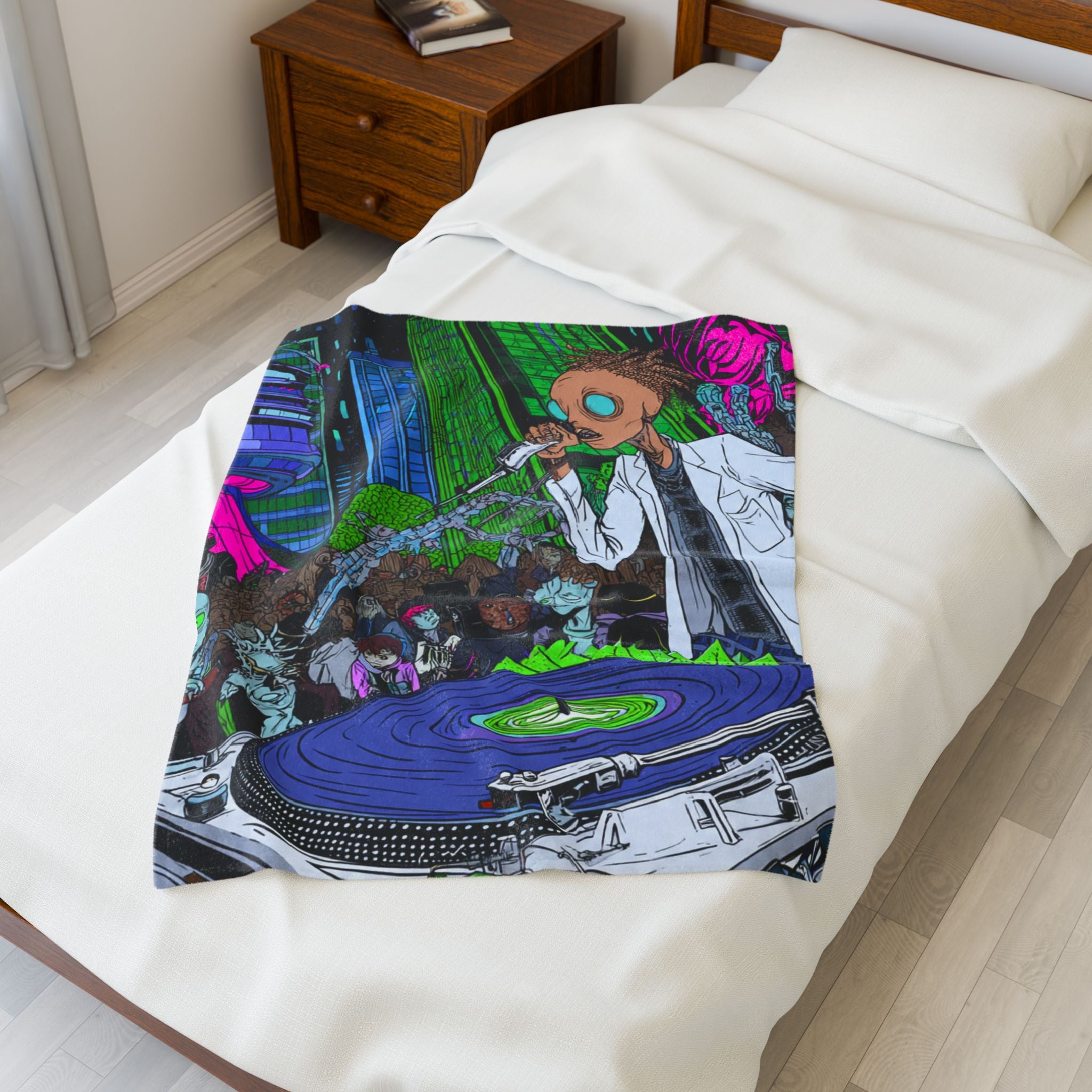 Urban Alien DJ Nightlife Velveteen Blanket | Cozy Home Decor, Music Lover Gift, Festival Vibes, Lounge Essential, Unique Wall Art