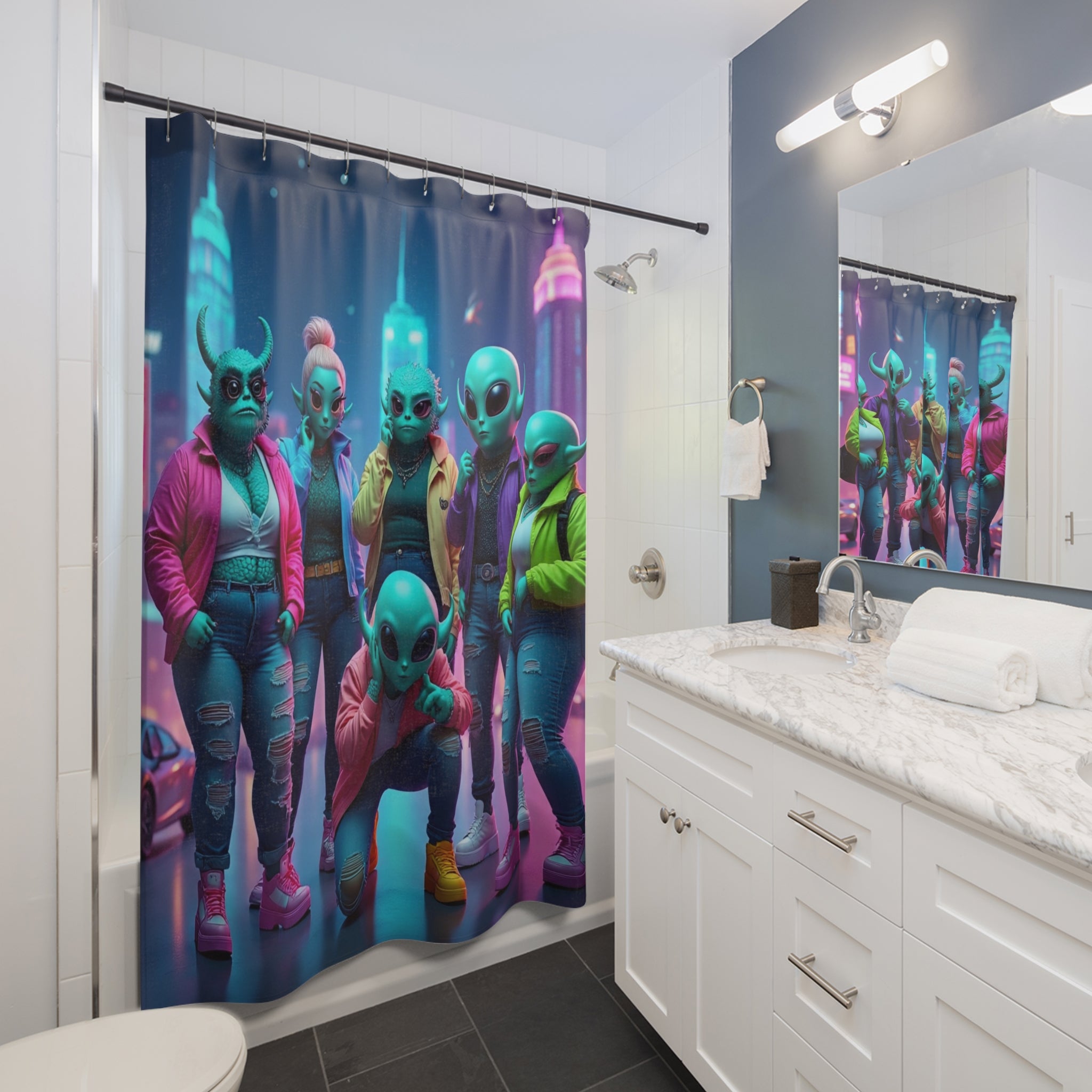 Vibrant Alien-Themed Shower Curtain