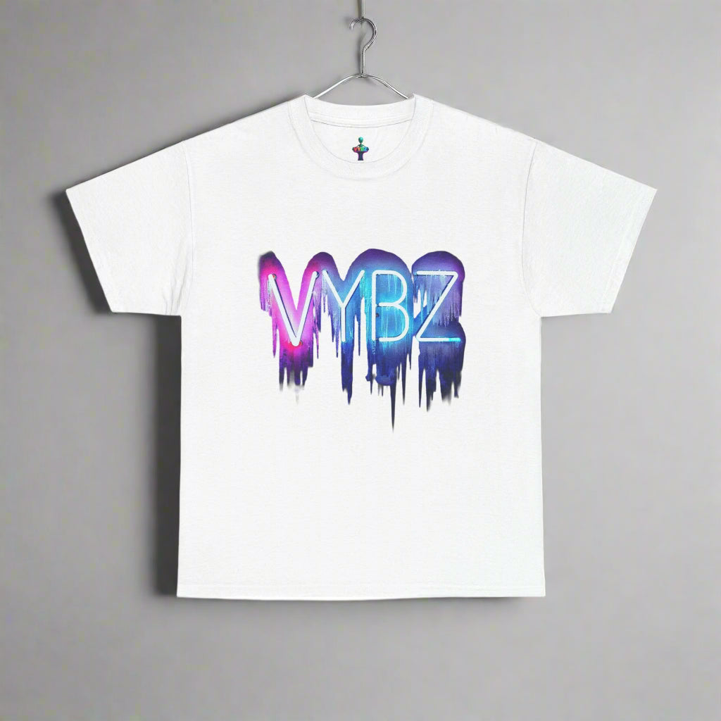 White t-shirt with colorful 'VYBZ' design on a gray background