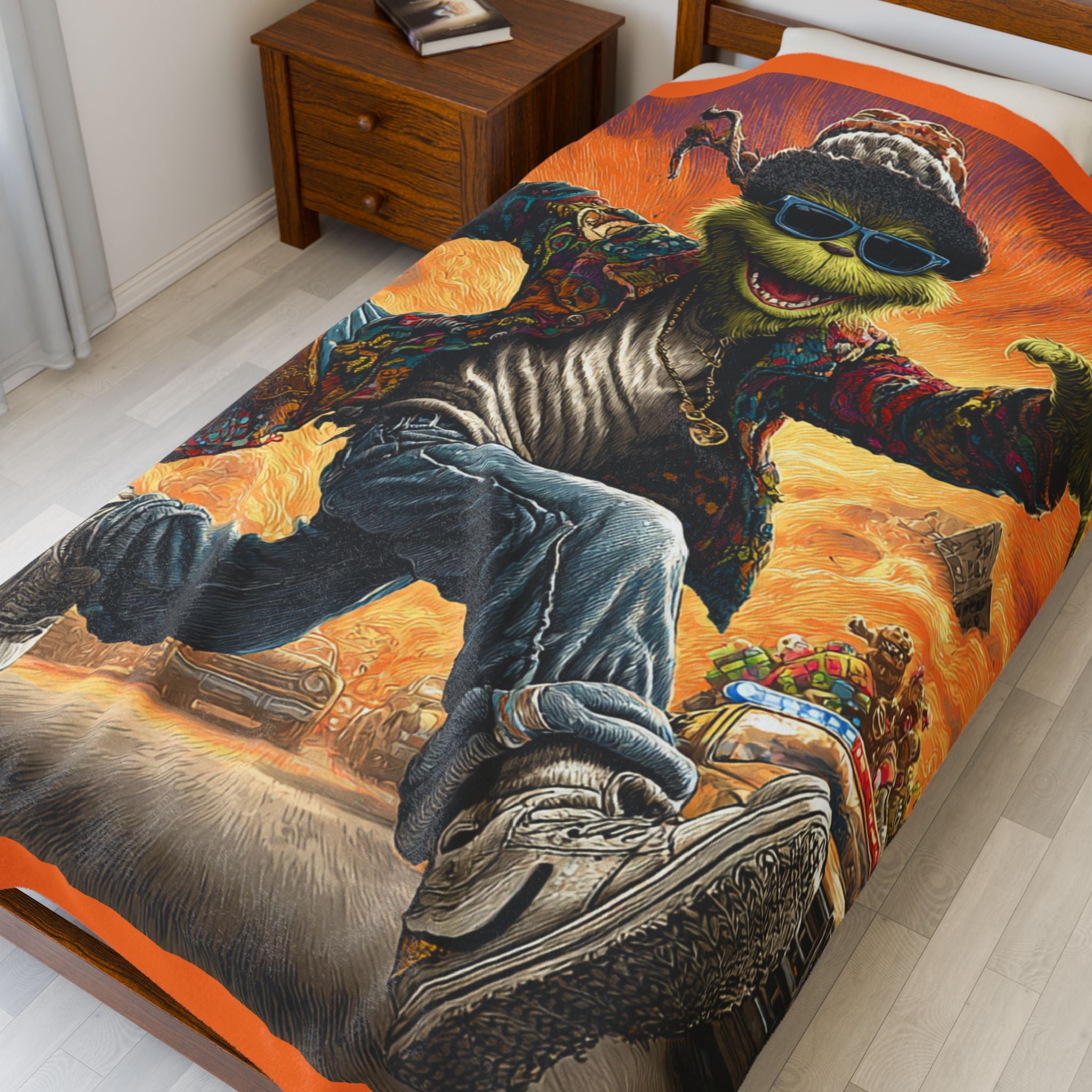 Groovy Grinch Velveteen Plush Blanket – Retro Street-Style Holiday Throw