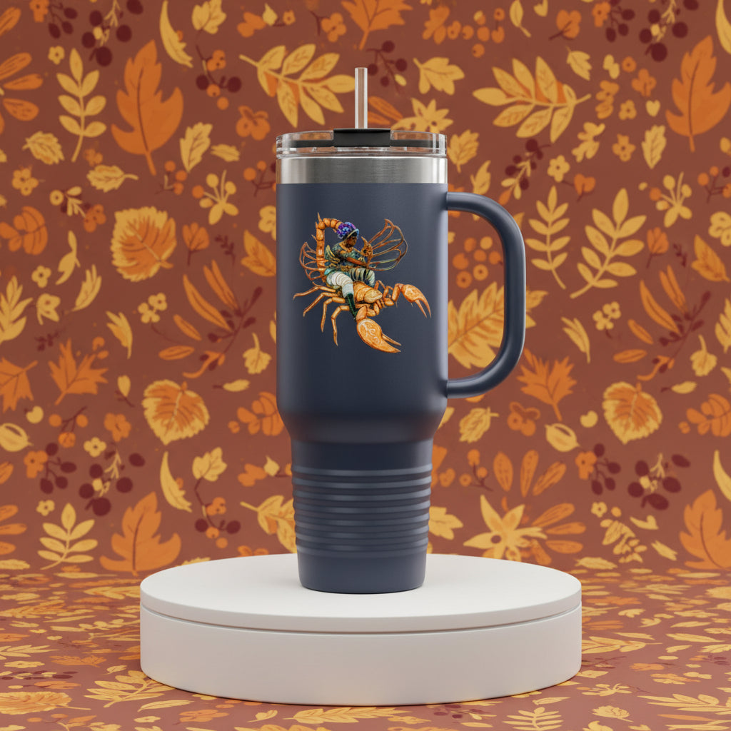 Navy blue travel mug with a scorpion design on a white background
