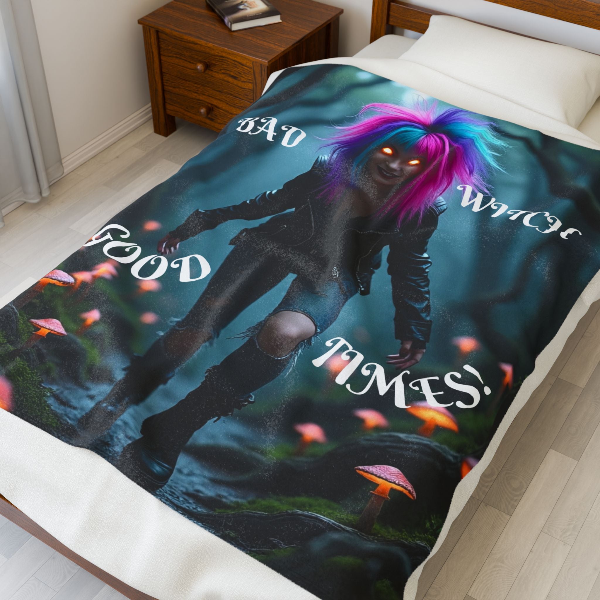 Bad Witch Good Times Velveteen Plush Blanket, Cozy Throw for Halloween, Witch Decor, Gothic Home, Gift for Spooky Lovers