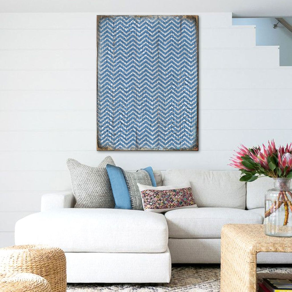 Blue Chevron Stripes Rustic Wooden Wall Art by G. DeBrekht - Floral Ornamental Decor - 95009B-0