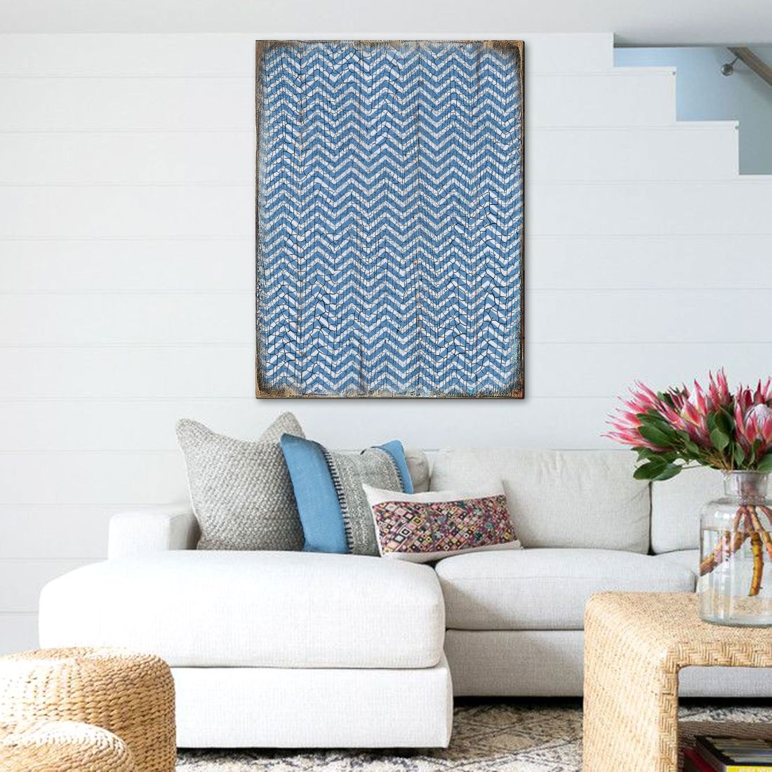Blue Chevron Stripes Rustic Wooden Wall Art by G. DeBrekht - Floral Ornamental Decor - 95009B-0