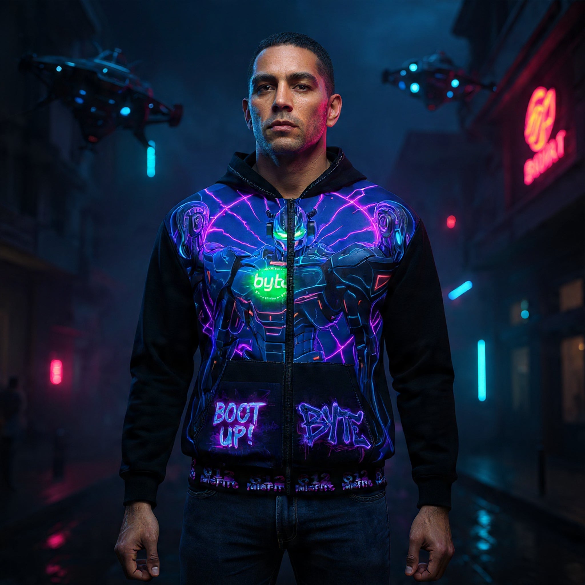 Cyberpunk Gamer Hoodie — "612 Misfits" Neon BYTE Streetwear