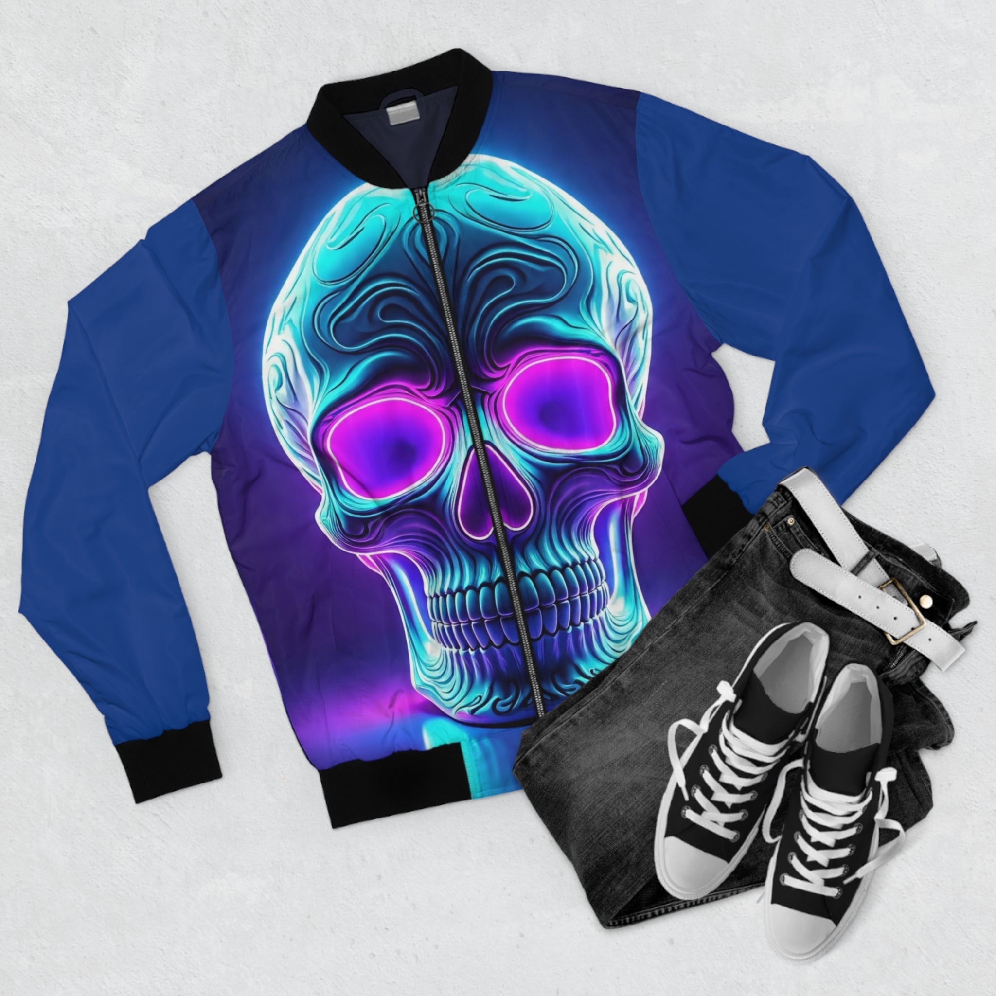 Neon Skull Bomber Jacket — Retro Cyberpunk Skull Bomber Jacket