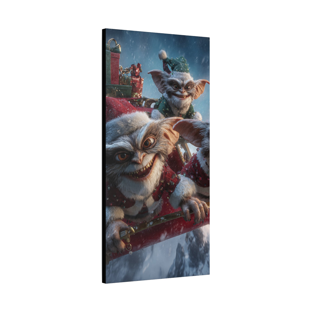 Holiday Gremlin Canvas Print — Festive Mischievous Gremlins in Sleigh