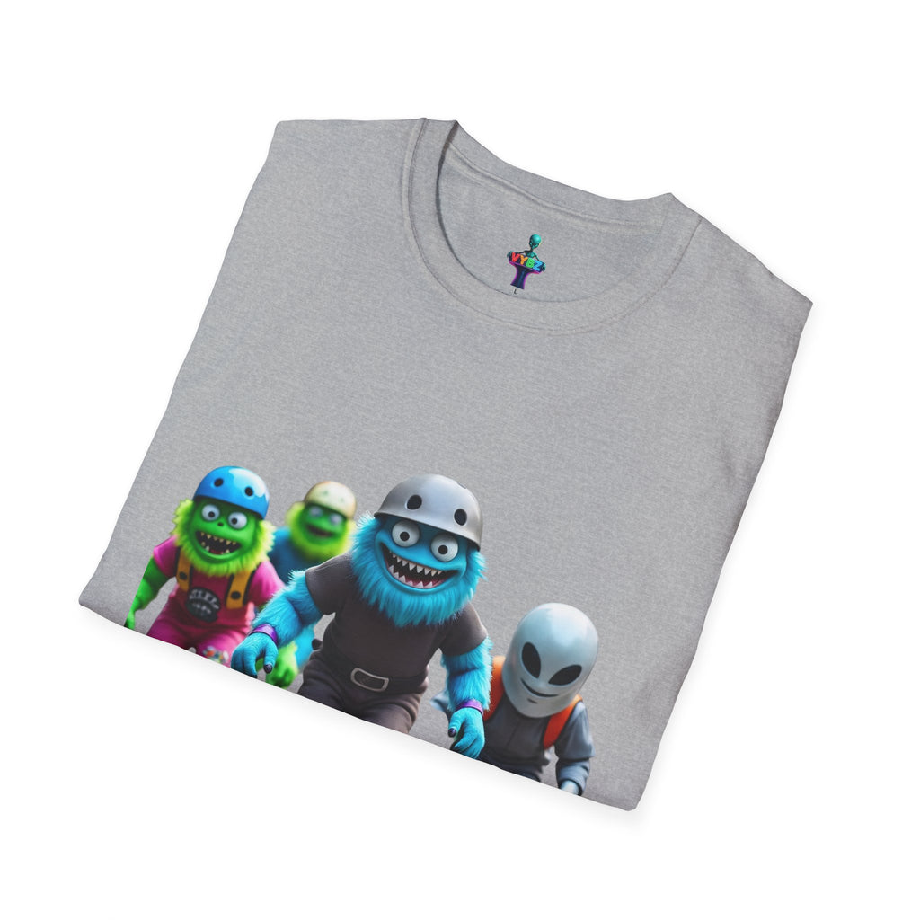 VYBZ Playful Cartoon Retro Skater T-Shirt, Fun Streetwear, Unisex Tee for Kids and Adults, Summer Outfits, Gift for Skateboarding Enthusiasts