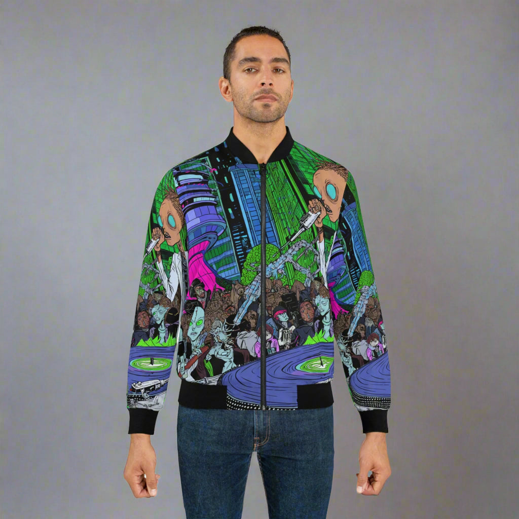 Funky Alien DJ Bomber Jacket, Urban Style, Streetwear Fashion, Perfect Gift for Music Lovers, Casual Outfits, Trendy Outerwear
