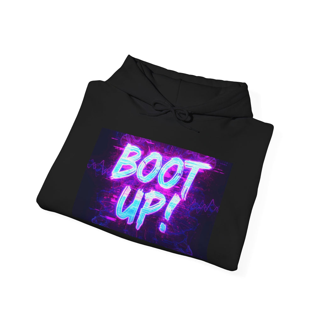 Boot Up! Neon Graphic Hoodie – Retro Vaporwave Tech Sweatshirt