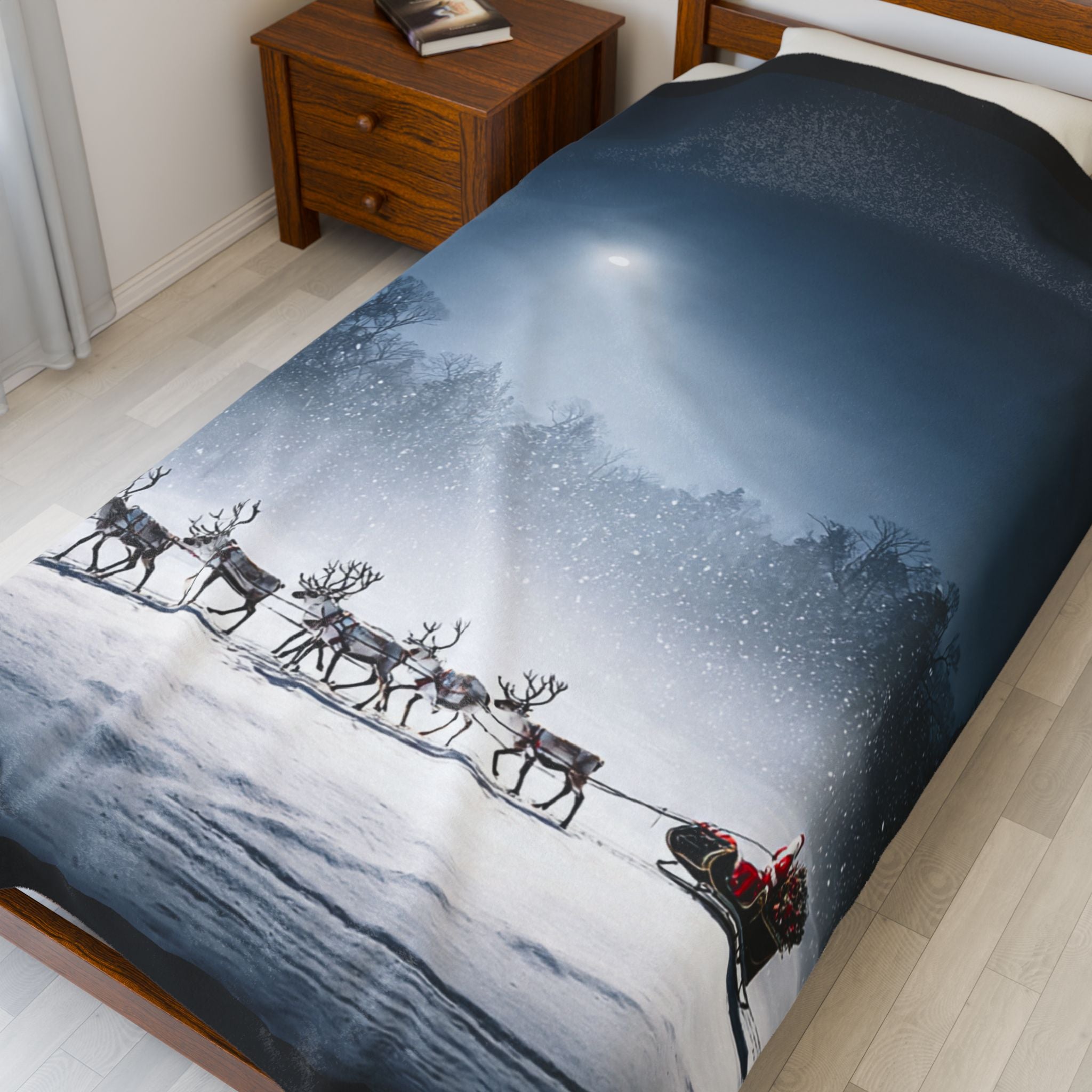 Santa Sleigh Velveteen Plush Blanket — Festive Reindeer Christmas Throw