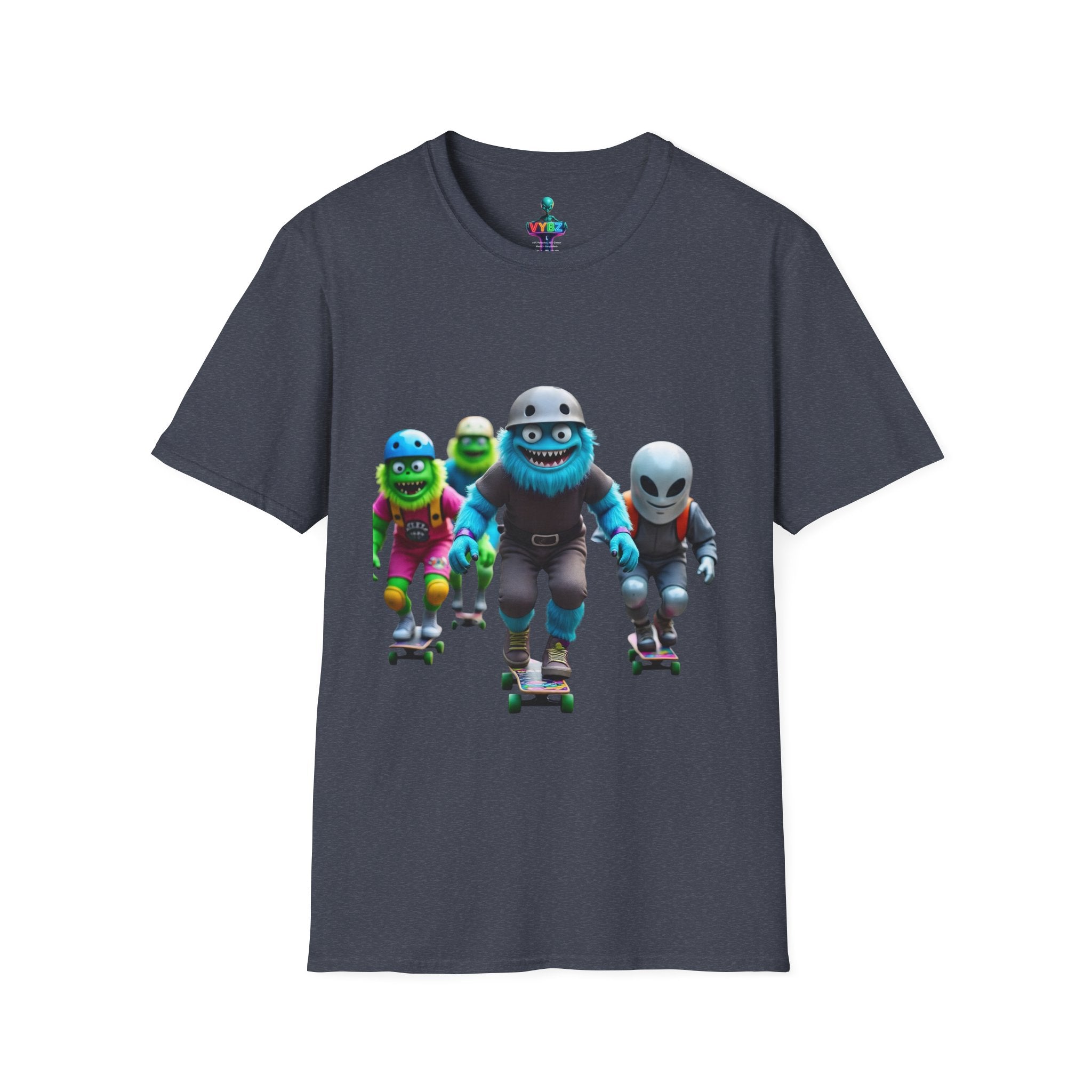 VYBZ Playful Cartoon Retro Skater T-Shirt, Fun Streetwear, Unisex Tee for Kids and Adults, Summer Outfits, Gift for Skateboarding Enthusiasts