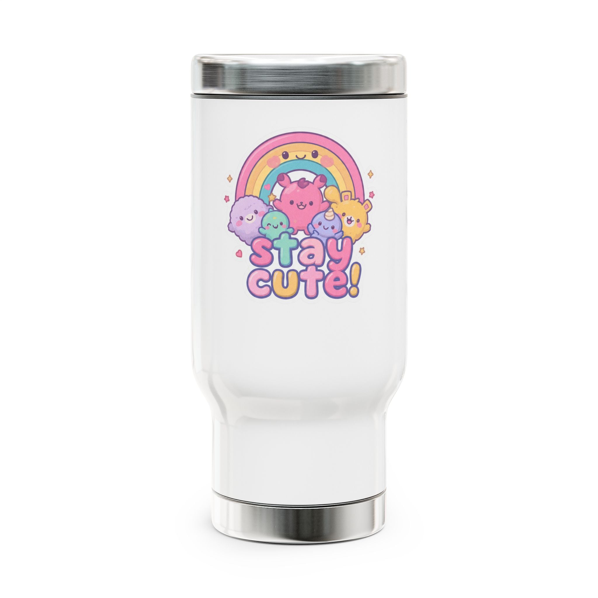 Stay Cute! Rainbow Kawaii Travel Mug — 14oz Stainless Steel with Handle