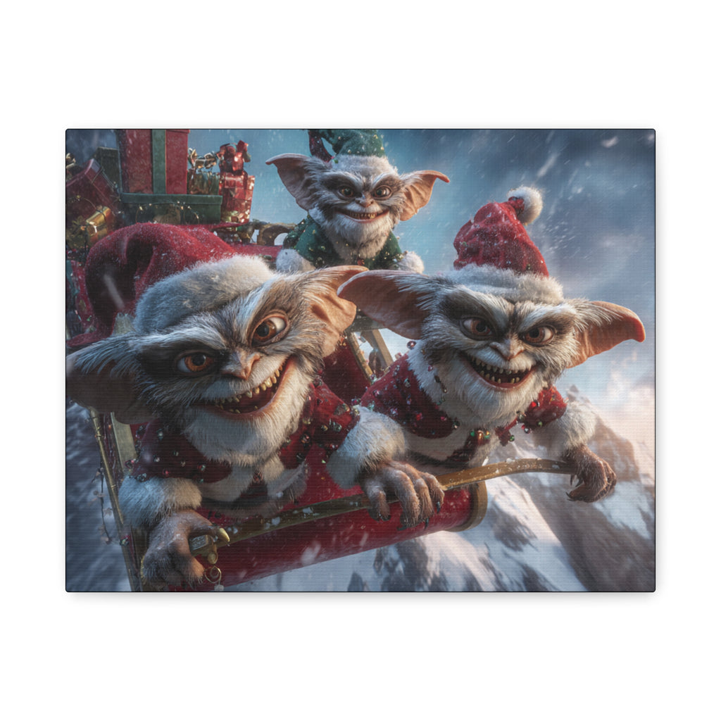 Holiday Gremlin Canvas Print — Festive Mischievous Gremlins in Sleigh
