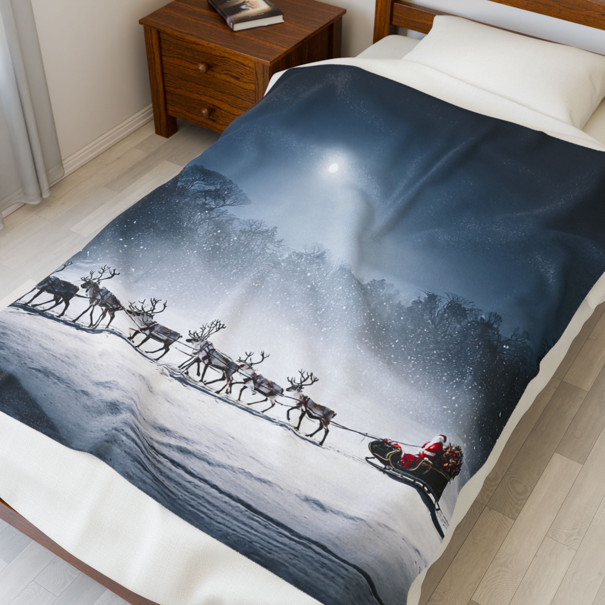 Santa Sleigh Velveteen Plush Blanket — Festive Reindeer Christmas Throw