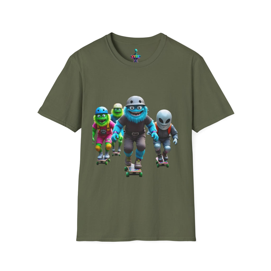 VYBZ Playful Cartoon Retro Skater T-Shirt, Fun Streetwear, Unisex Tee for Kids and Adults, Summer Outfits, Gift for Skateboarding Enthusiasts