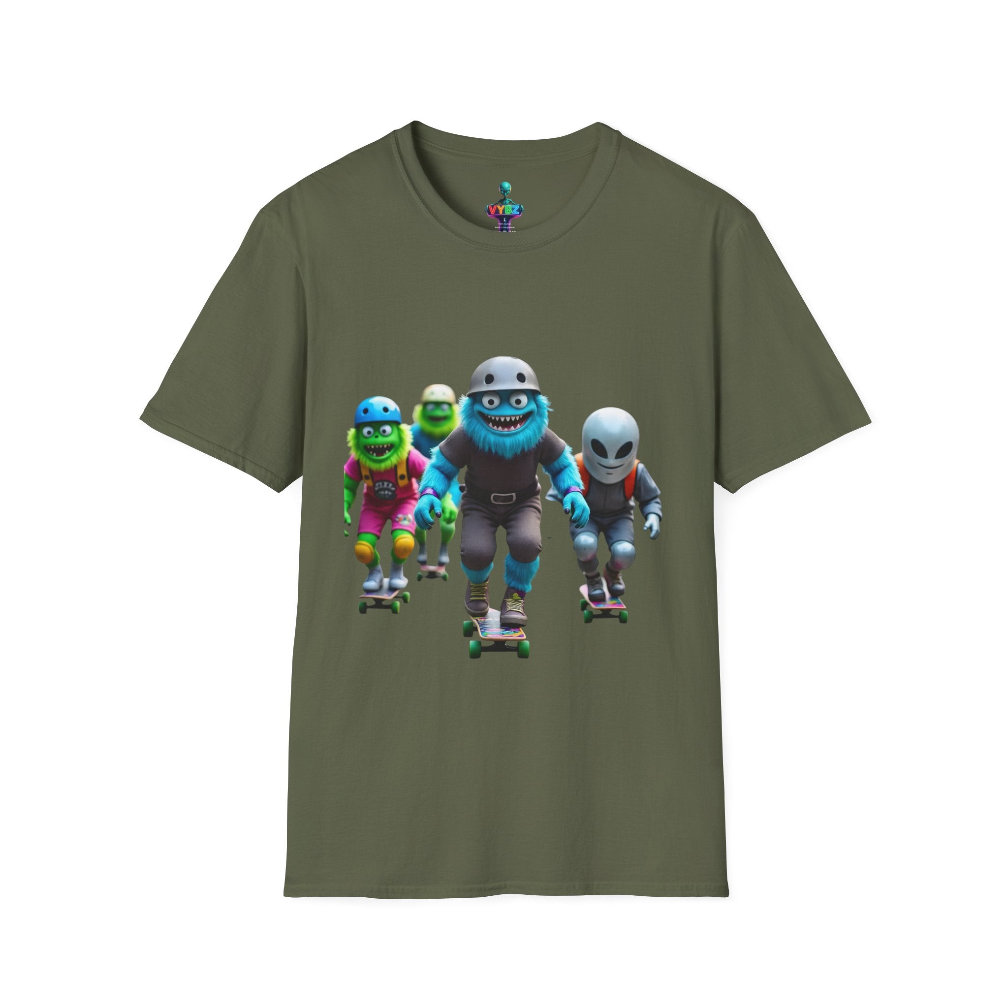 VYBZ Playful Cartoon Retro Skater T-Shirt, Fun Streetwear, Unisex Tee for Kids and Adults, Summer Outfits, Gift for Skateboarding Enthusiasts