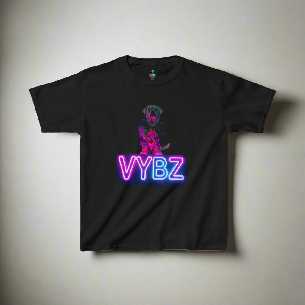 VYBZ Kids Graphic Tee, Neon Dog Shirt, Fun Casual Wear, Birthday Gift, Cool Kids Apparel, Summer Vacation Top