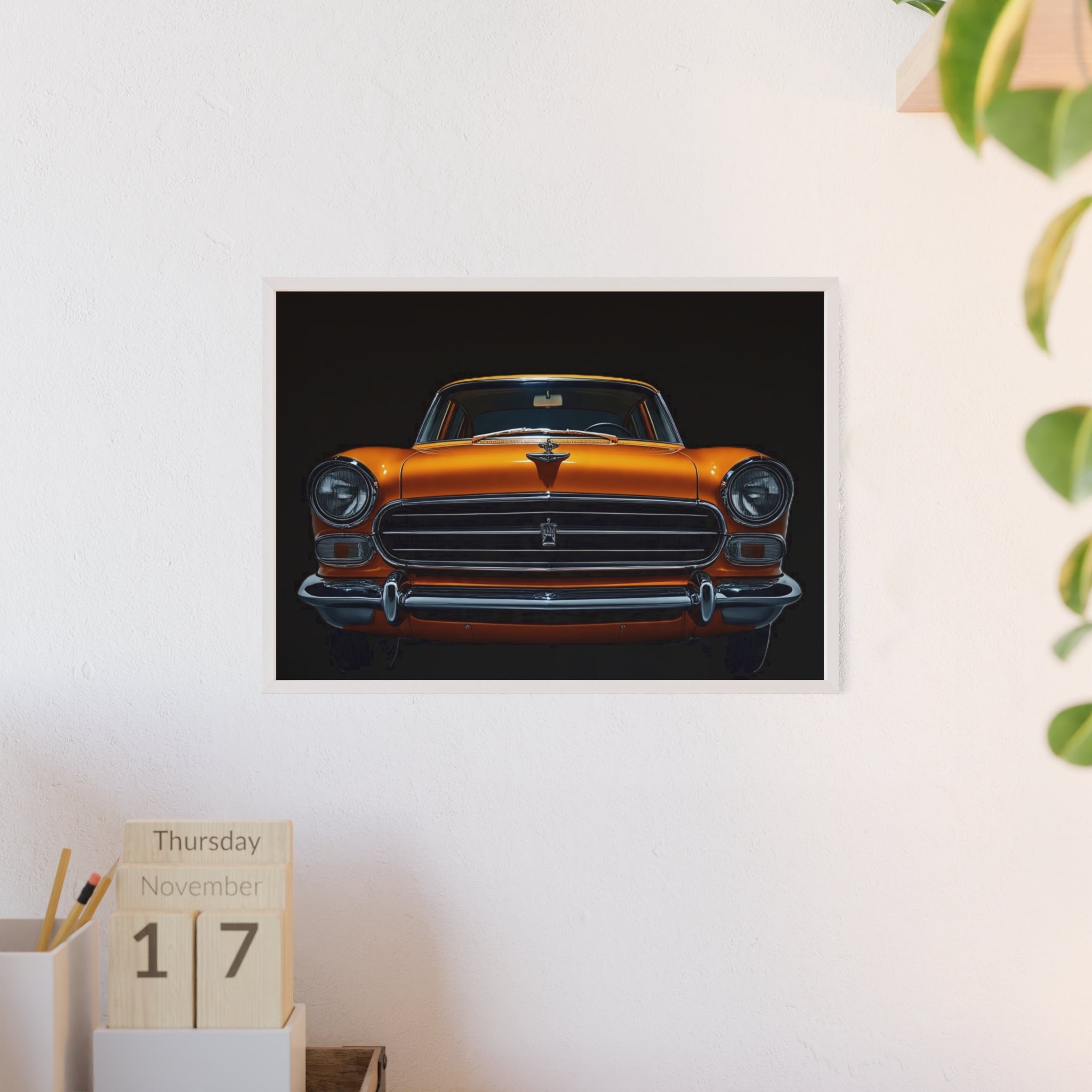 Classic Car Art Poster with Wooden Frame, Vintage Auto Decor, Gift for Car Lovers, Retro Wall Art, Home & Office Decoration
