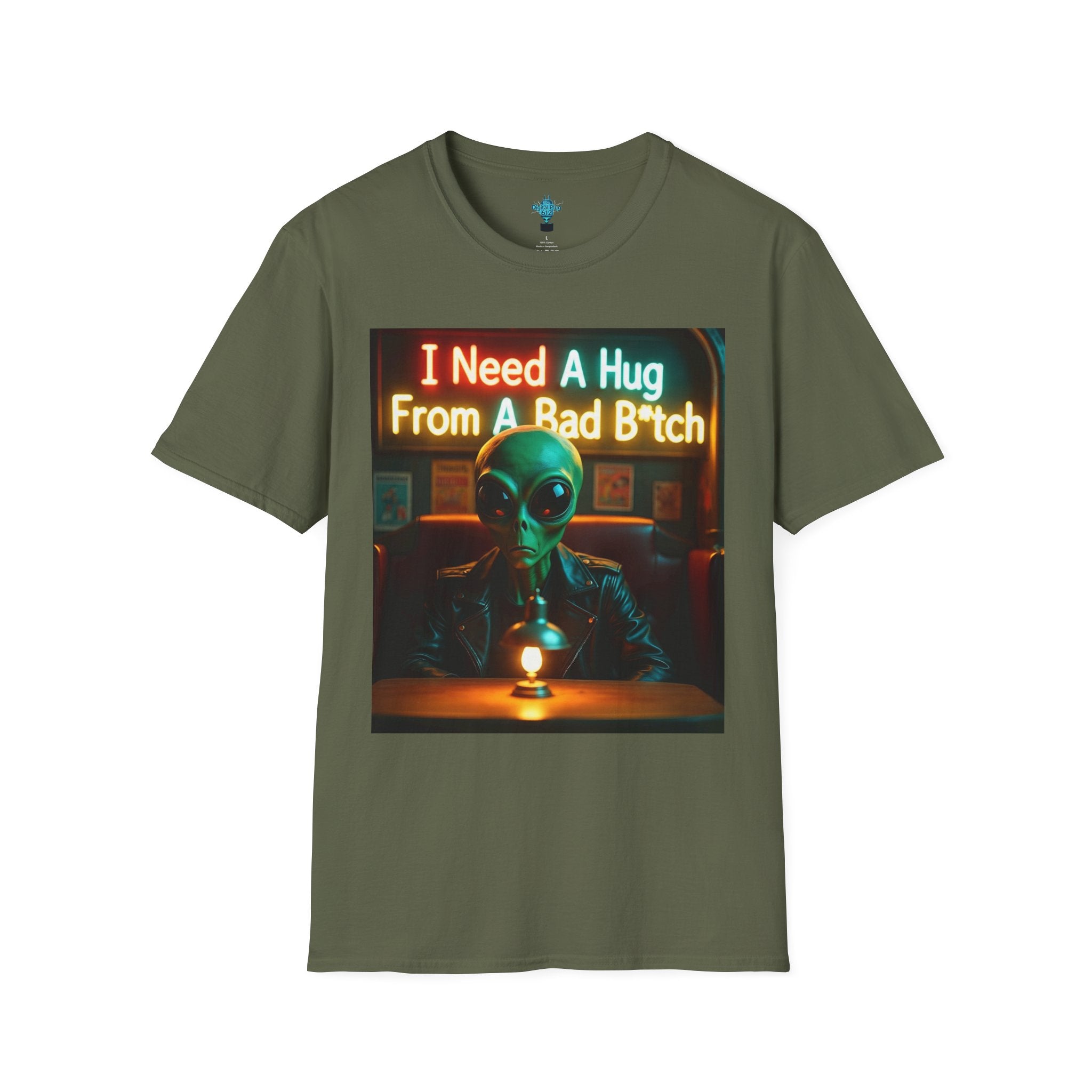 VYBZ Unisex Alien Hug T-Shirt, I Need A Hug From A Bad B****, Quirky Graphic Tee, Gift for Alien Lovers, Fun Casual Wear, Unisex Style