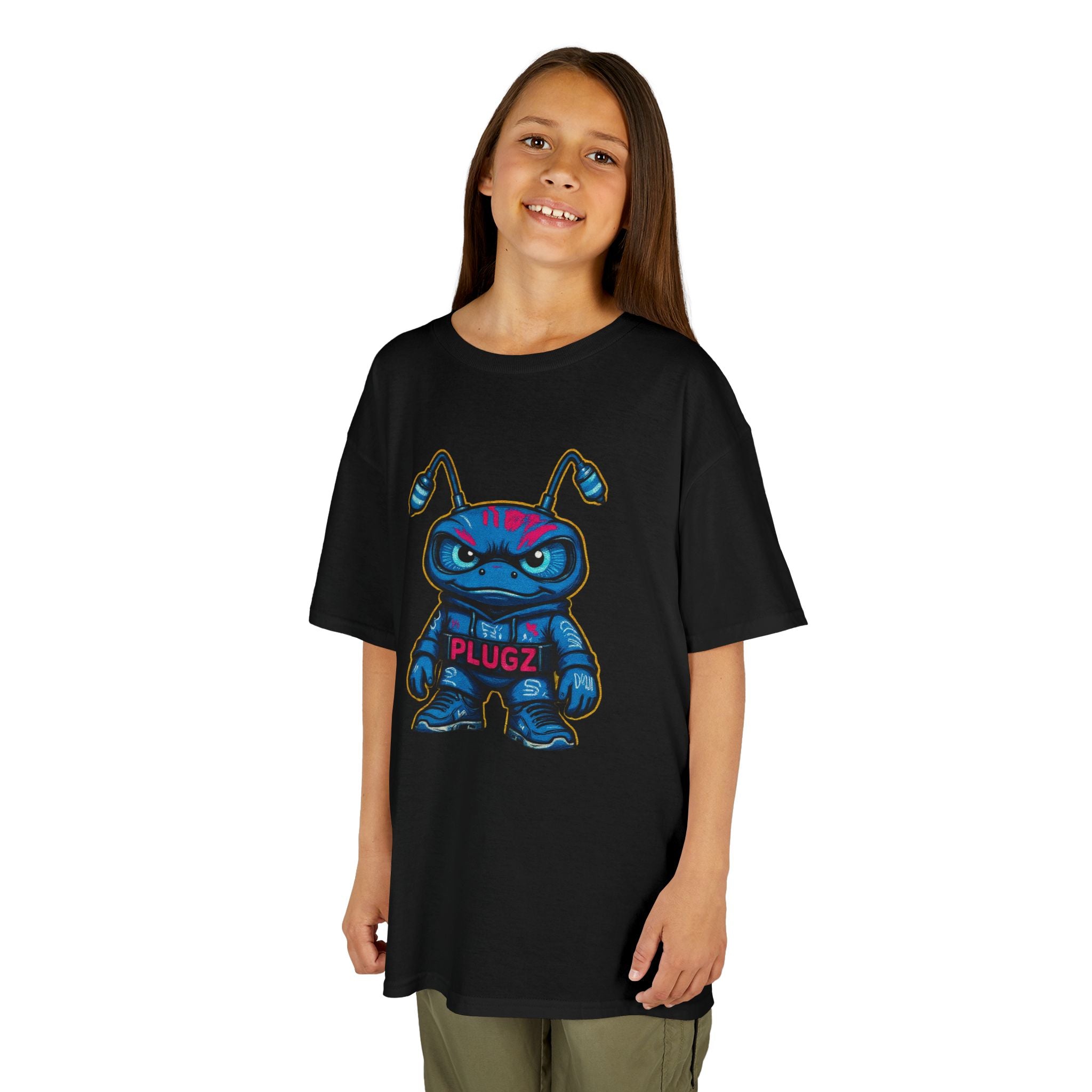 Kids Tee — 'Plugz' Cartoon Monster Front + "Stay Plugged In!" Neon Back