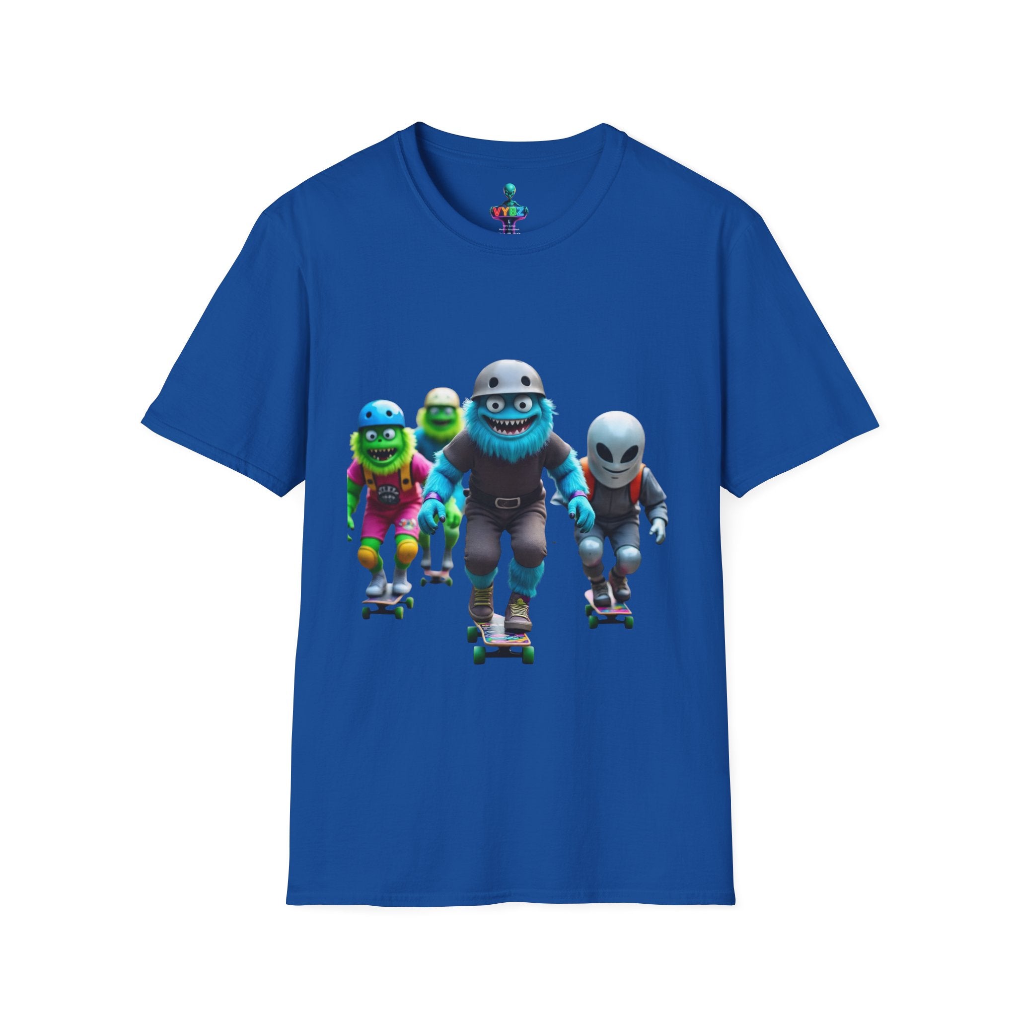 VYBZ Playful Cartoon Retro Skater T-Shirt, Fun Streetwear, Unisex Tee for Kids and Adults, Summer Outfits, Gift for Skateboarding Enthusiasts