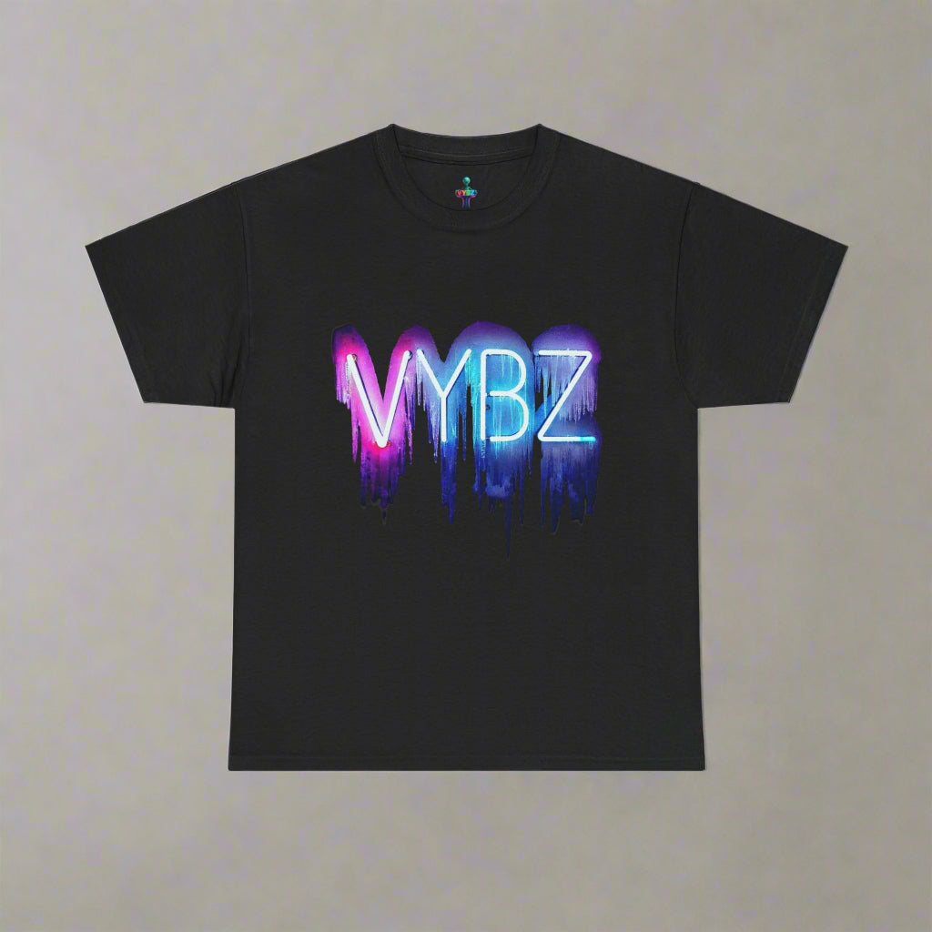 Black t-shirt with colorful 'VYBZ' design on a white background