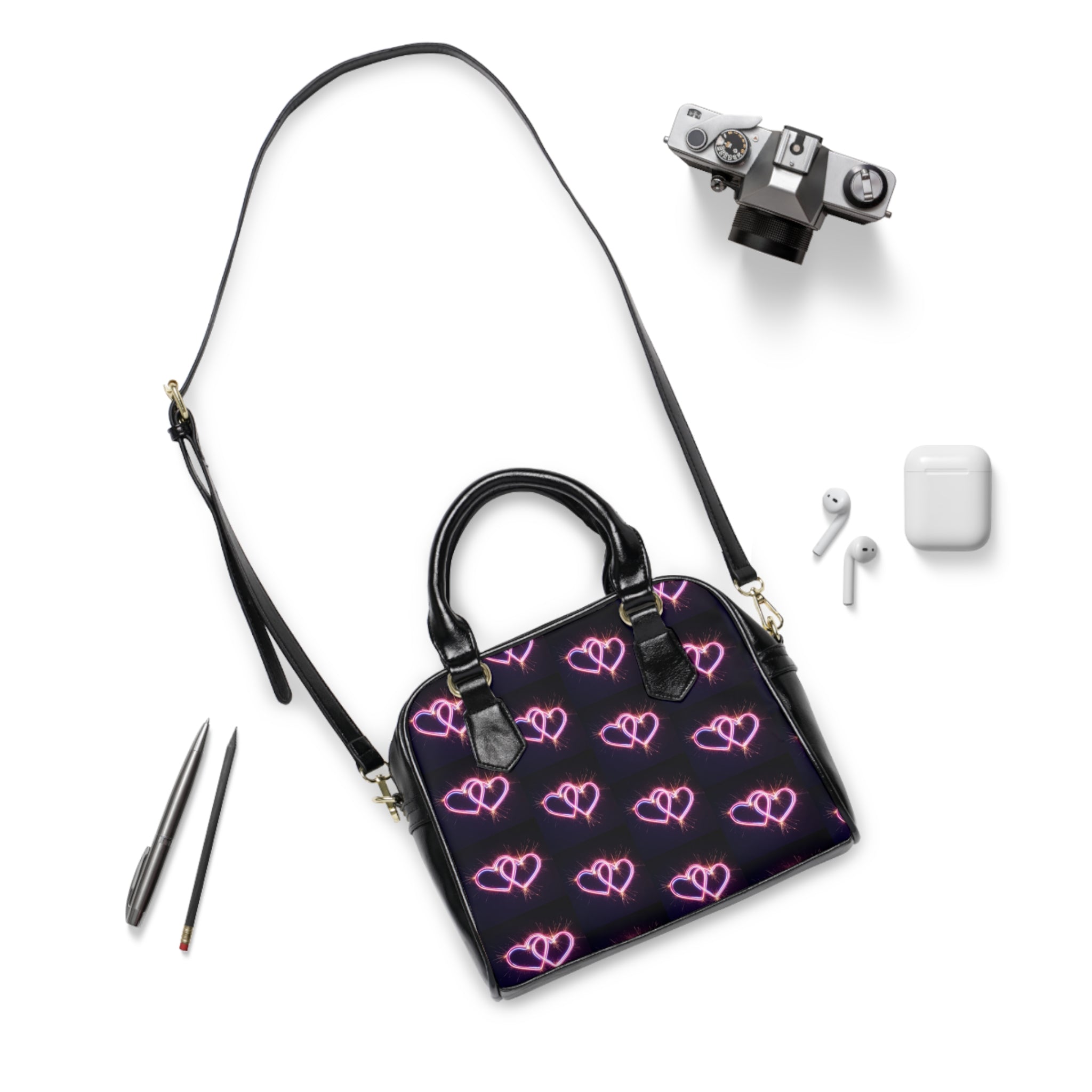 Neon Hearts Shoulder Handbag — Pink Glowing Heart Pattern Purse