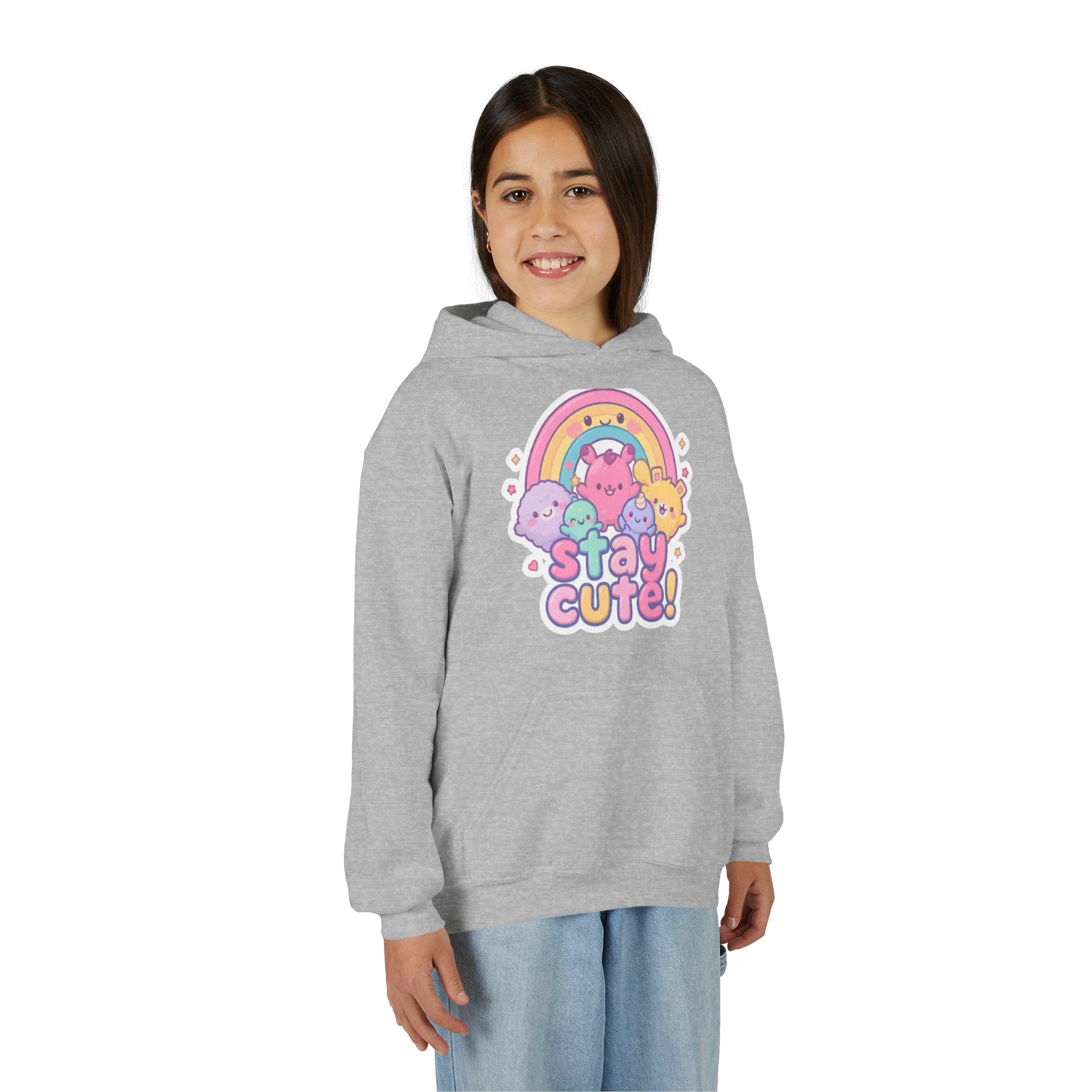 Youth Hoodie — 'Stay Cute!' Pastel Rainbow Kawaii Graphic