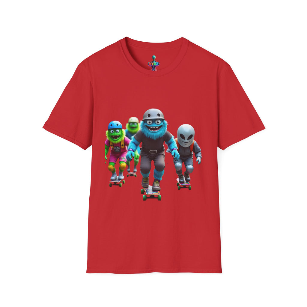 VYBZ Playful Cartoon Retro Skater T-Shirt, Fun Streetwear, Unisex Tee for Kids and Adults, Summer Outfits, Gift for Skateboarding Enthusiasts