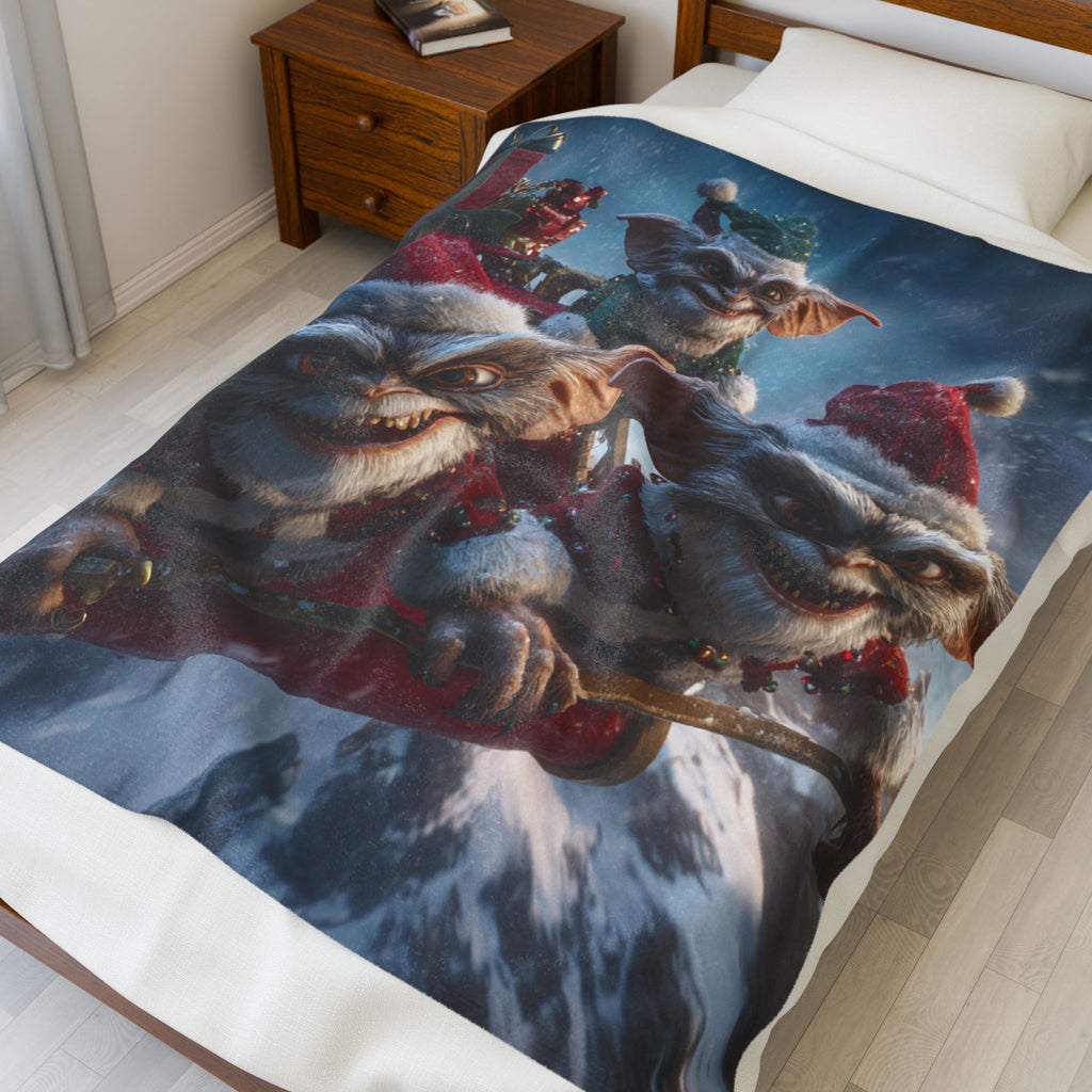 Christmas Gremlins Velveteen Plush Blanket — Festive Holiday Creature Throw