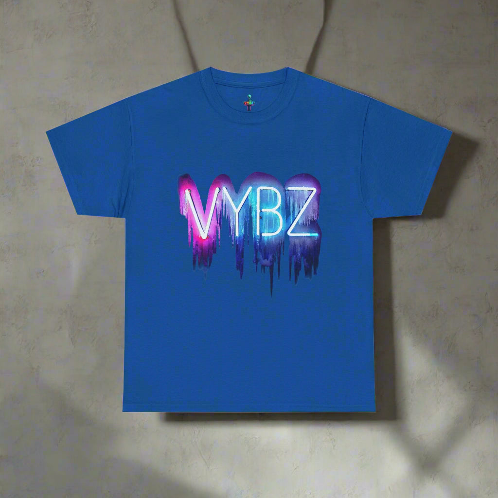 Blue t-shirt with 'VYBZ' design on a textured surface