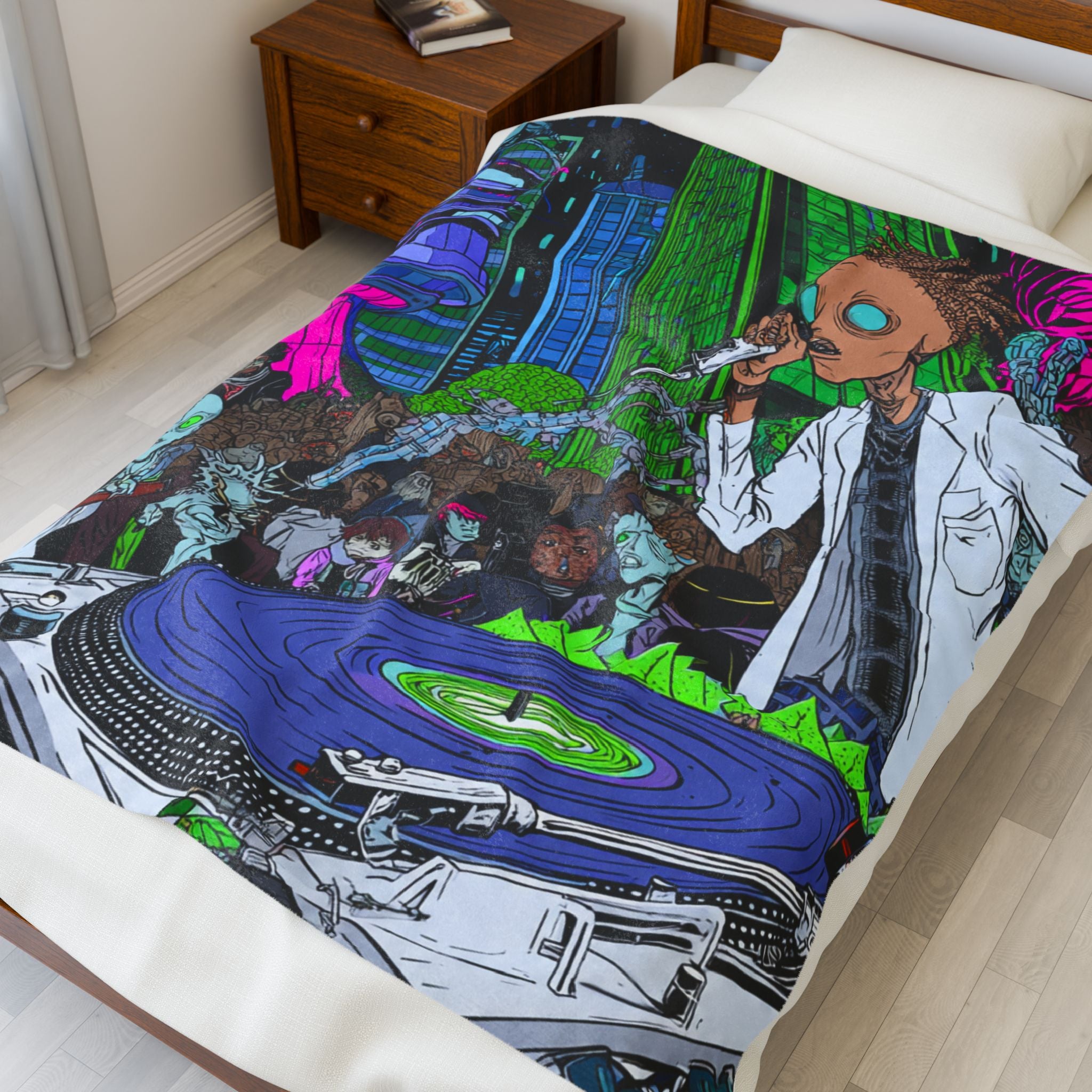 Urban Alien DJ Nightlife Velveteen Blanket | Cozy Home Decor, Music Lover Gift, Festival Vibes, Lounge Essential, Unique Wall Art