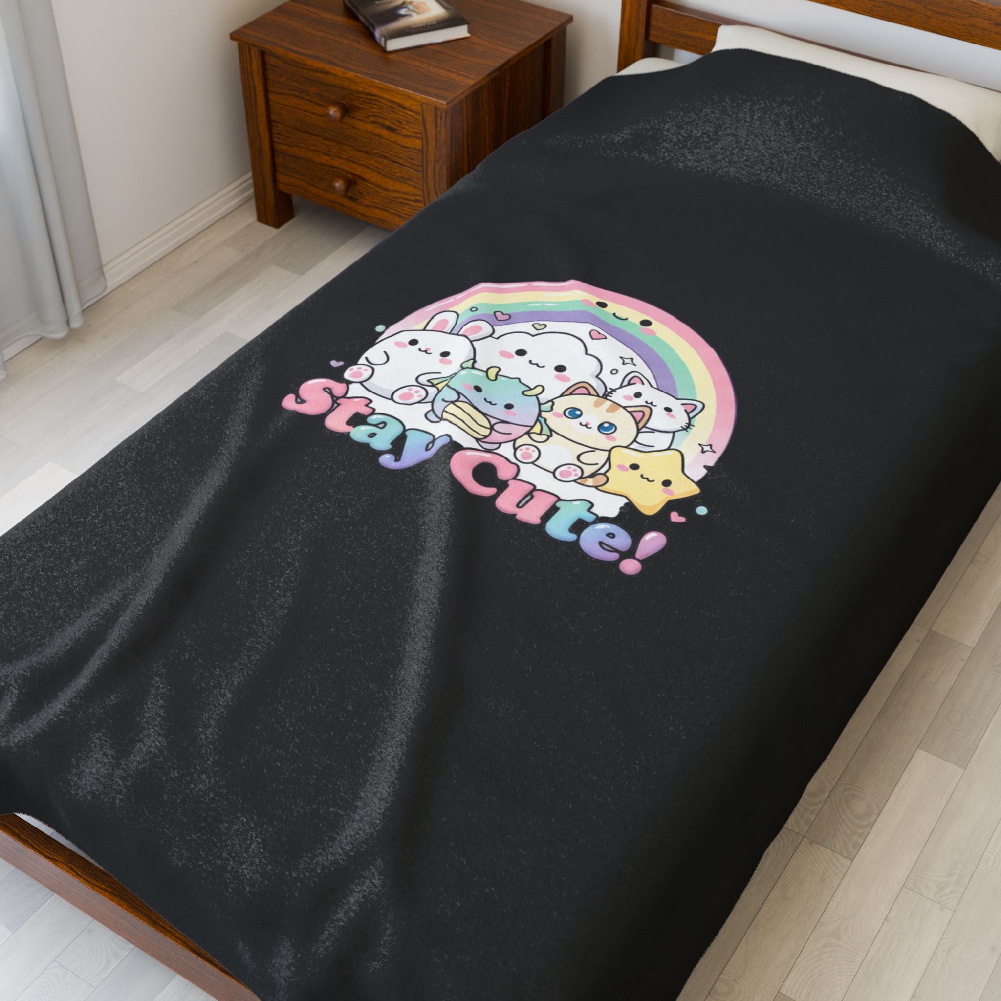 Stay Cute! Pastel Kawaii Rainbow Velveteen Plush Blanket | Cutecore Kawaii Revival