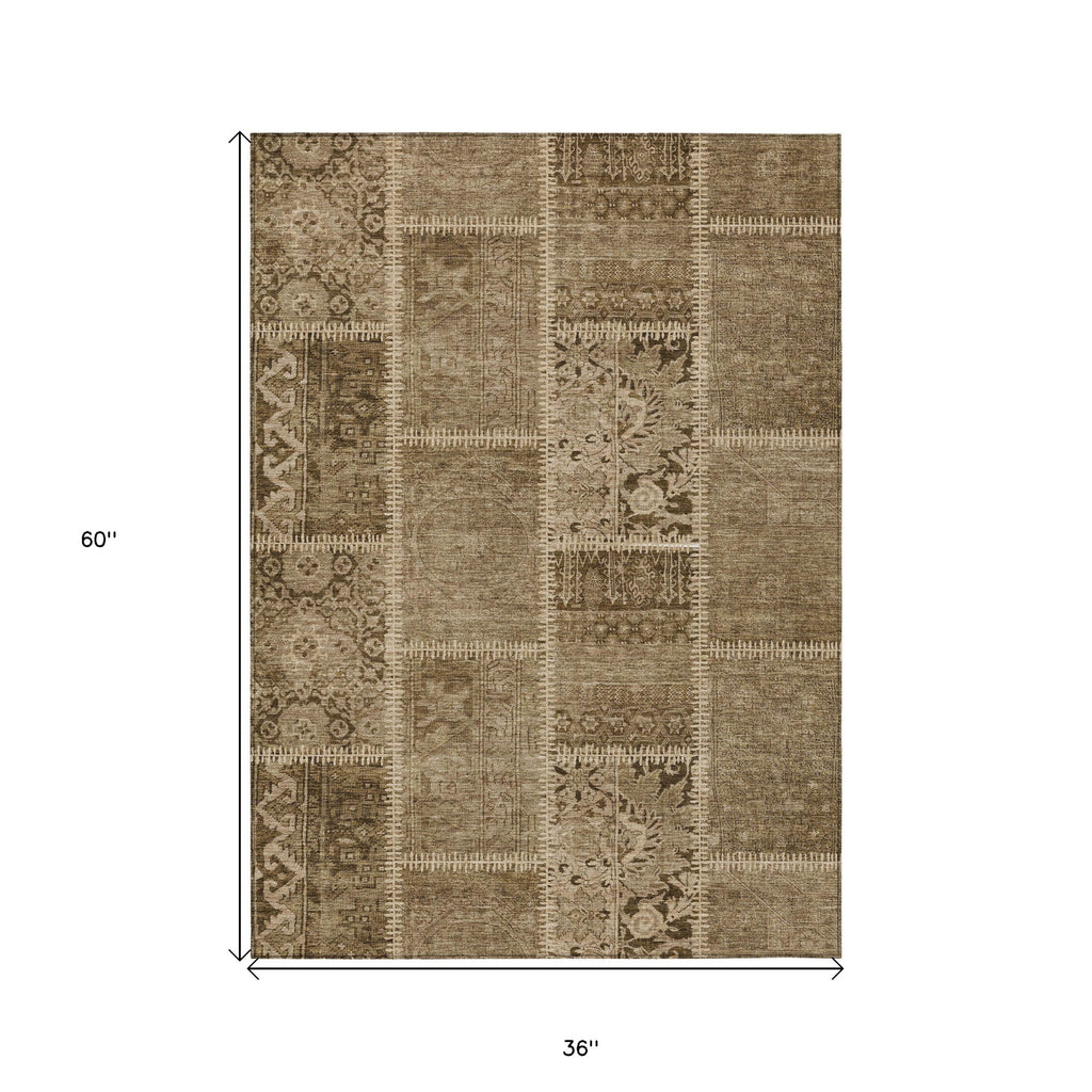 3' X 5' Brown And Beige Patchwork Washable Indoor Outdoor Area Rug-2
