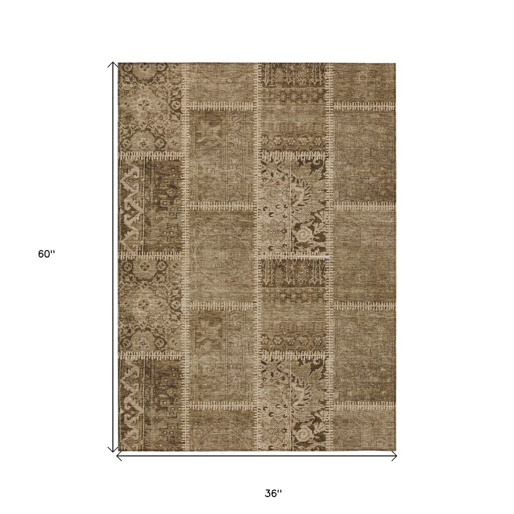 3' X 5' Brown And Beige Patchwork Washable Indoor Outdoor Area Rug-2