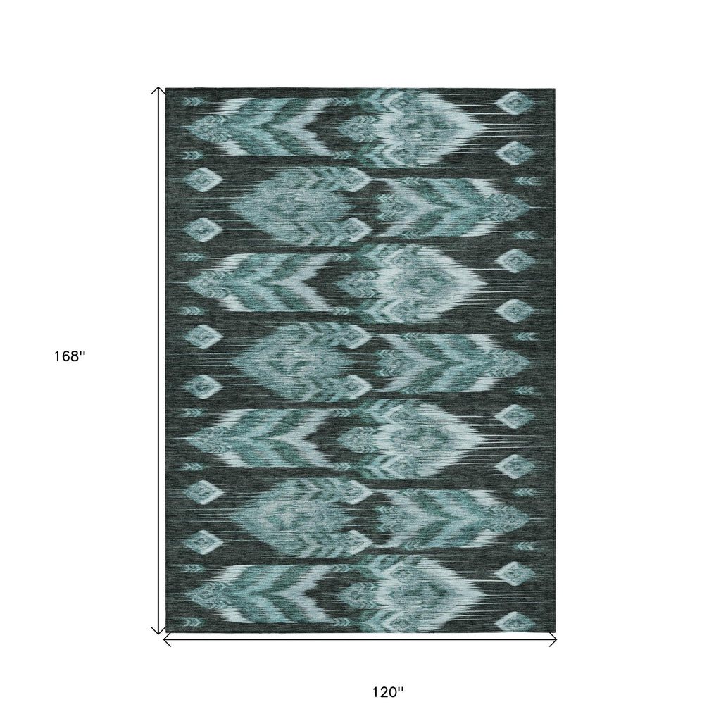 10' X 14' Teal Blue Aqua And Charcoal Southwestern Washable Indoor Outdoor Area Rug-2