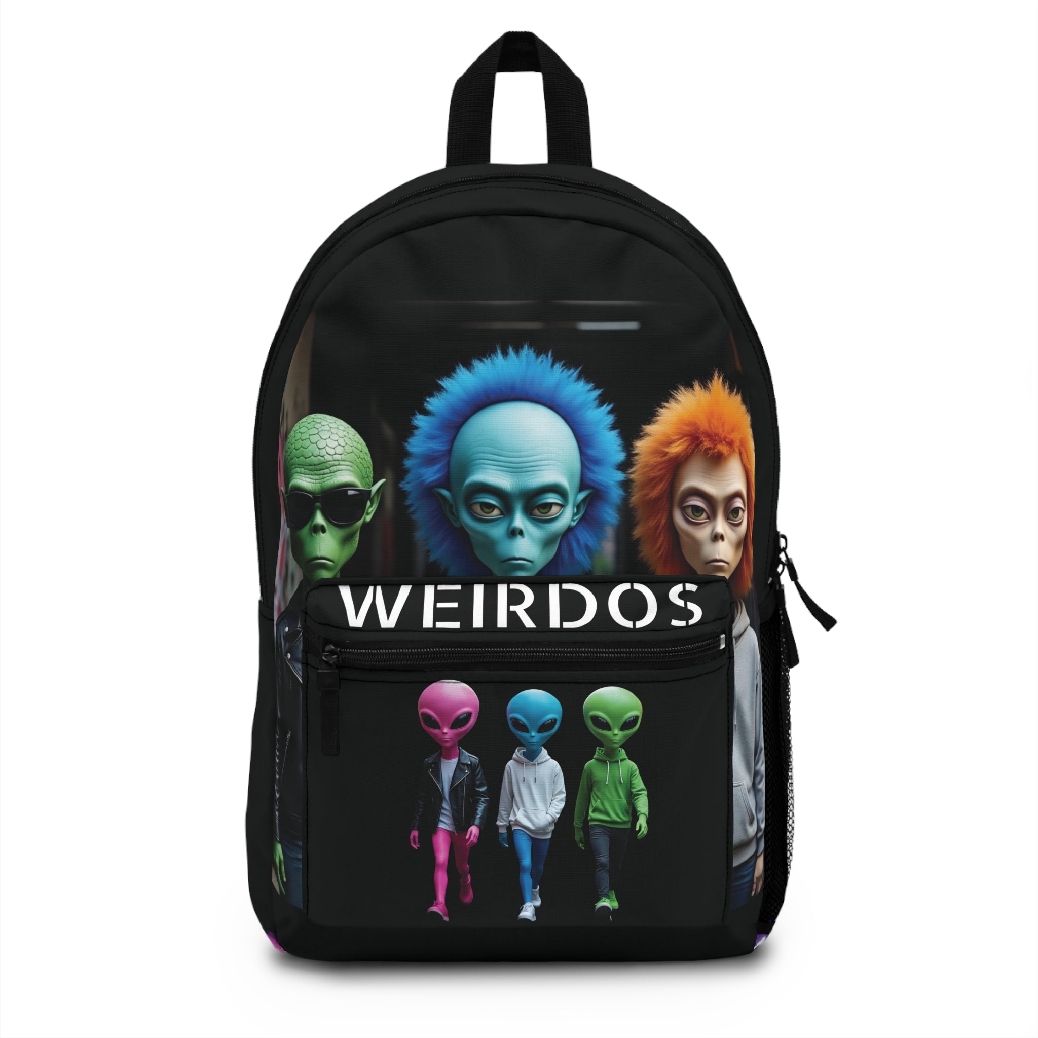 VYBZ "Weirdo Alien" Backpack, Quirky School Bag, Trendy Travel Pack, Unique Gift for Kids and Teens, Stylish Accessory for UFO Lovers