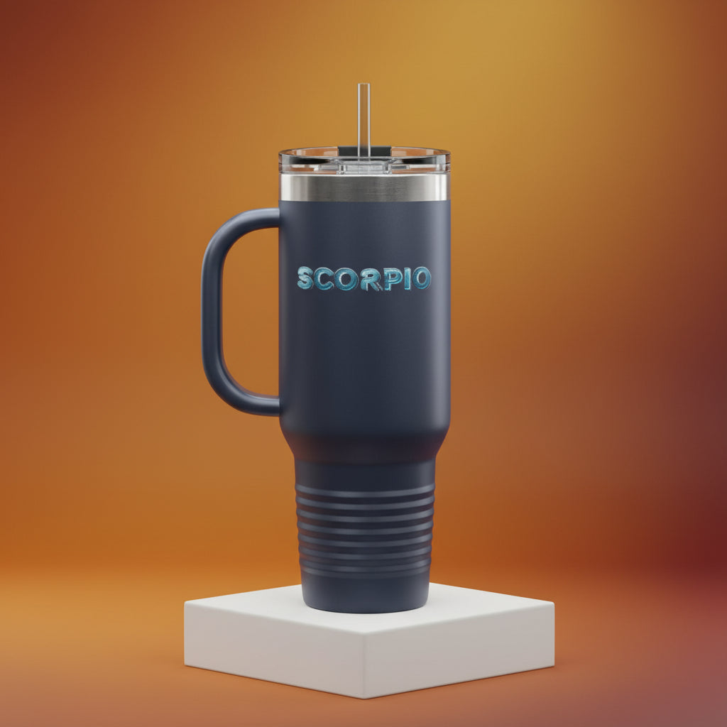 Navy blue tumbler with 'SCORPIO' text on a white background